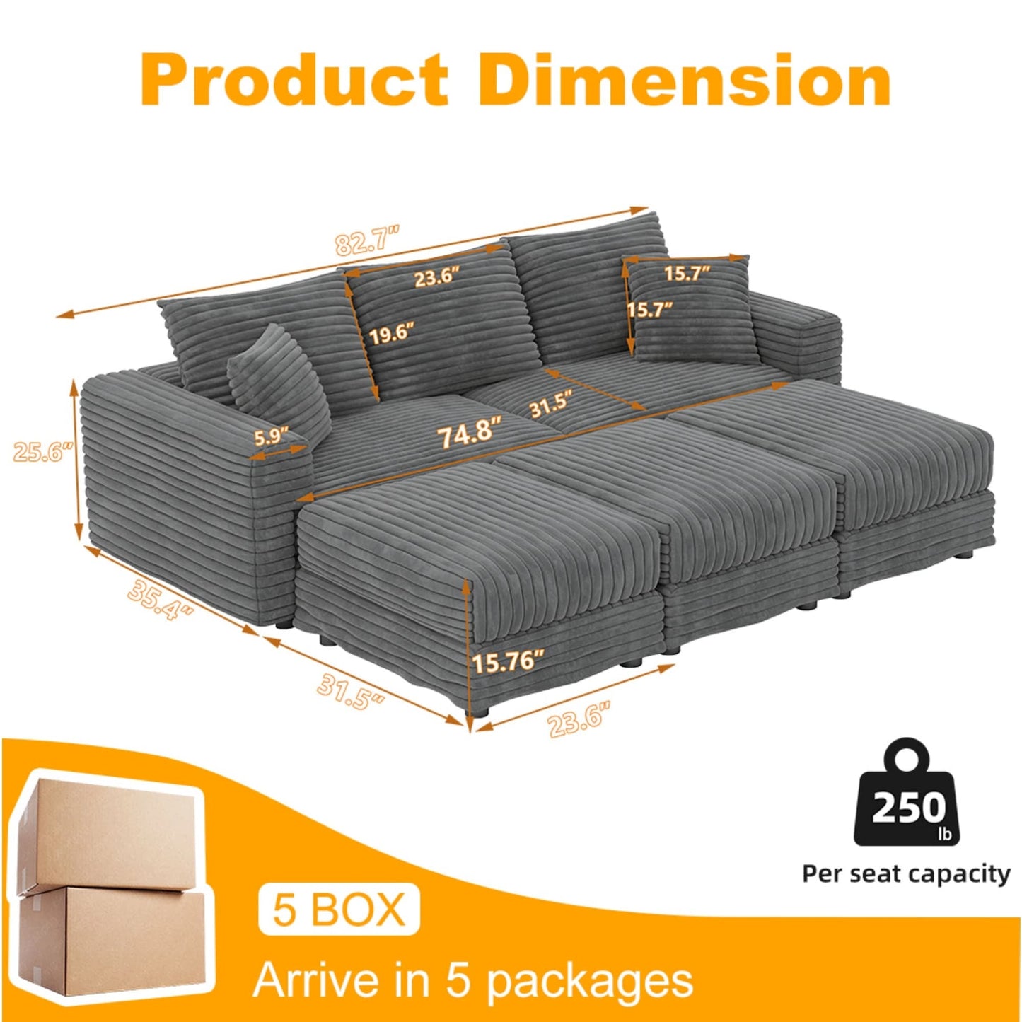 NEW Luxury Comfort Grey Plush Corduroy Fabric U Shaped Sectional Multi-functional Sofa Couch