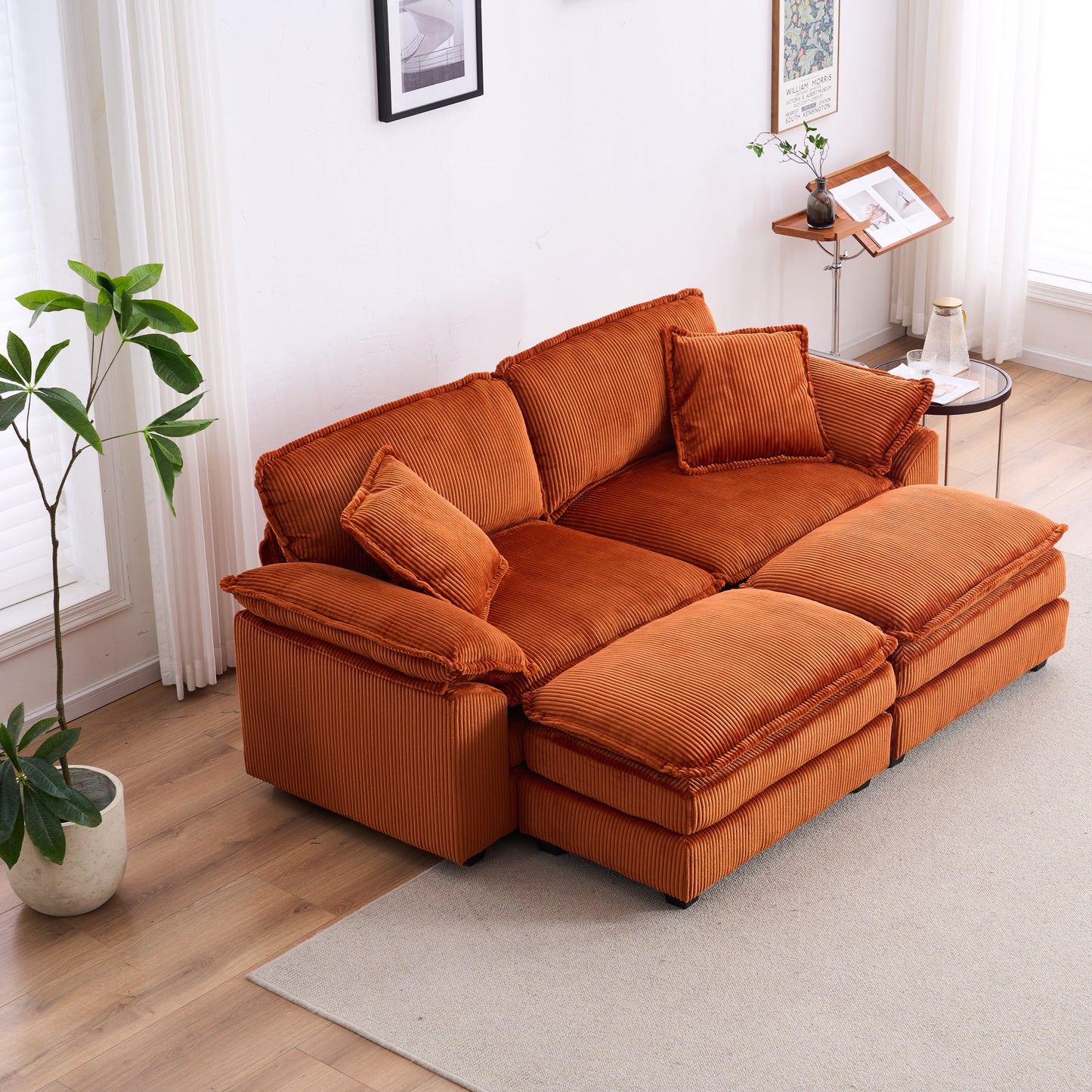 NEW Corduroy 2-seats sofa With 2 back pillows,2 toss pillows and two ottoman,Comfy Sofa- Deep Seat Couch for Living Room,Orange