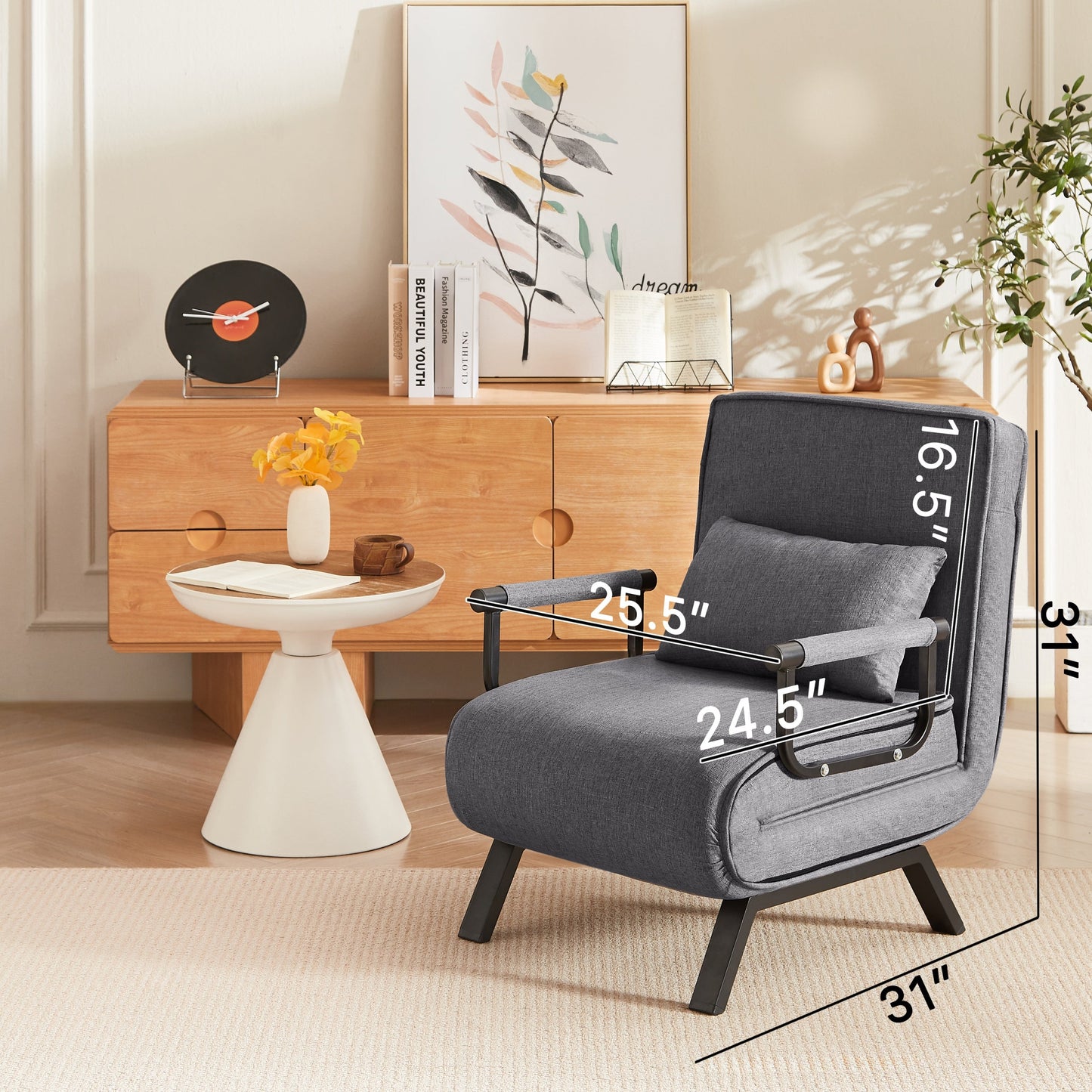 NEW Light Grey Linen Convertible Folding Chair Bed with Adjustable Backrest and Pillow