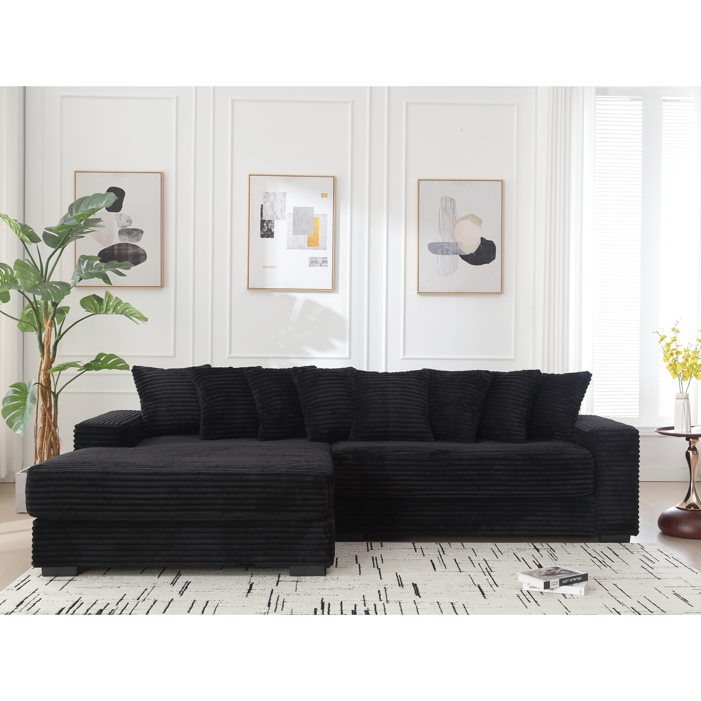 [NEW ARRIVED] [VIDEO PROVIDED] Oversized Two-Piece  Couches,  L Shaped Sofa, Corduroy, Left Chaise Daybed,with Armrests,Eight Throw Pillows,Corner Sofa,Easy To Assemble, Black