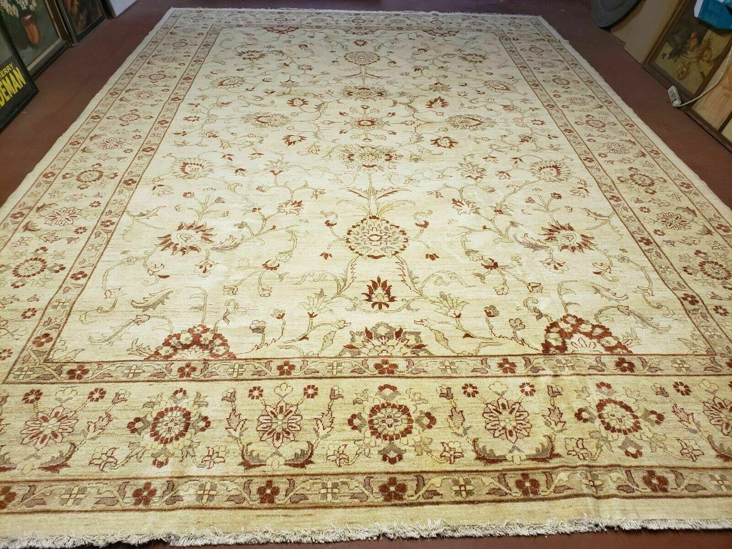 USED Oushak Rug 10x14 Neutral Colors Handmade Peshawar Wool Carpet Oatmeal Beige