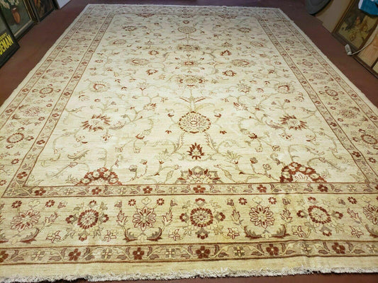 USED Oushak Rug 10x14 Neutral Colors Handmade Peshawar Wool Carpet Oatmeal Beige