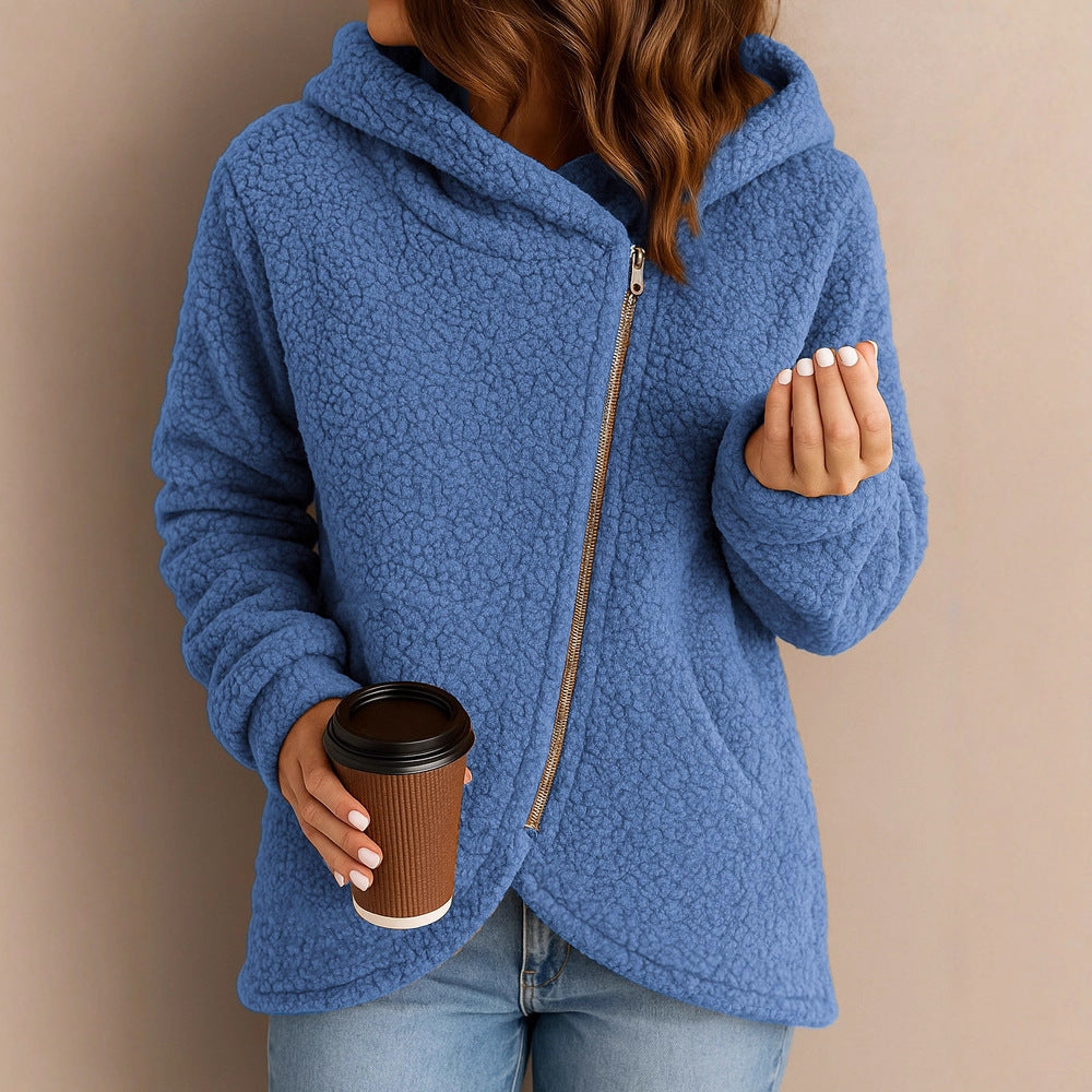 New Casual Loose Lambswool Long Sleeve Zipper Hoodie Coat