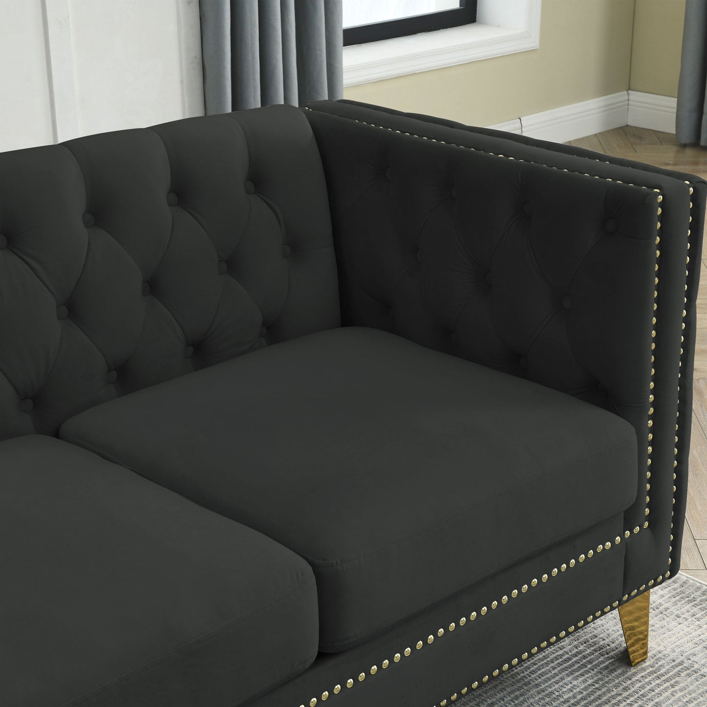 NEW 2pc Black Velvet Tufted Button Square Arm Couch Modern Upholstered Metal Legs Sofa