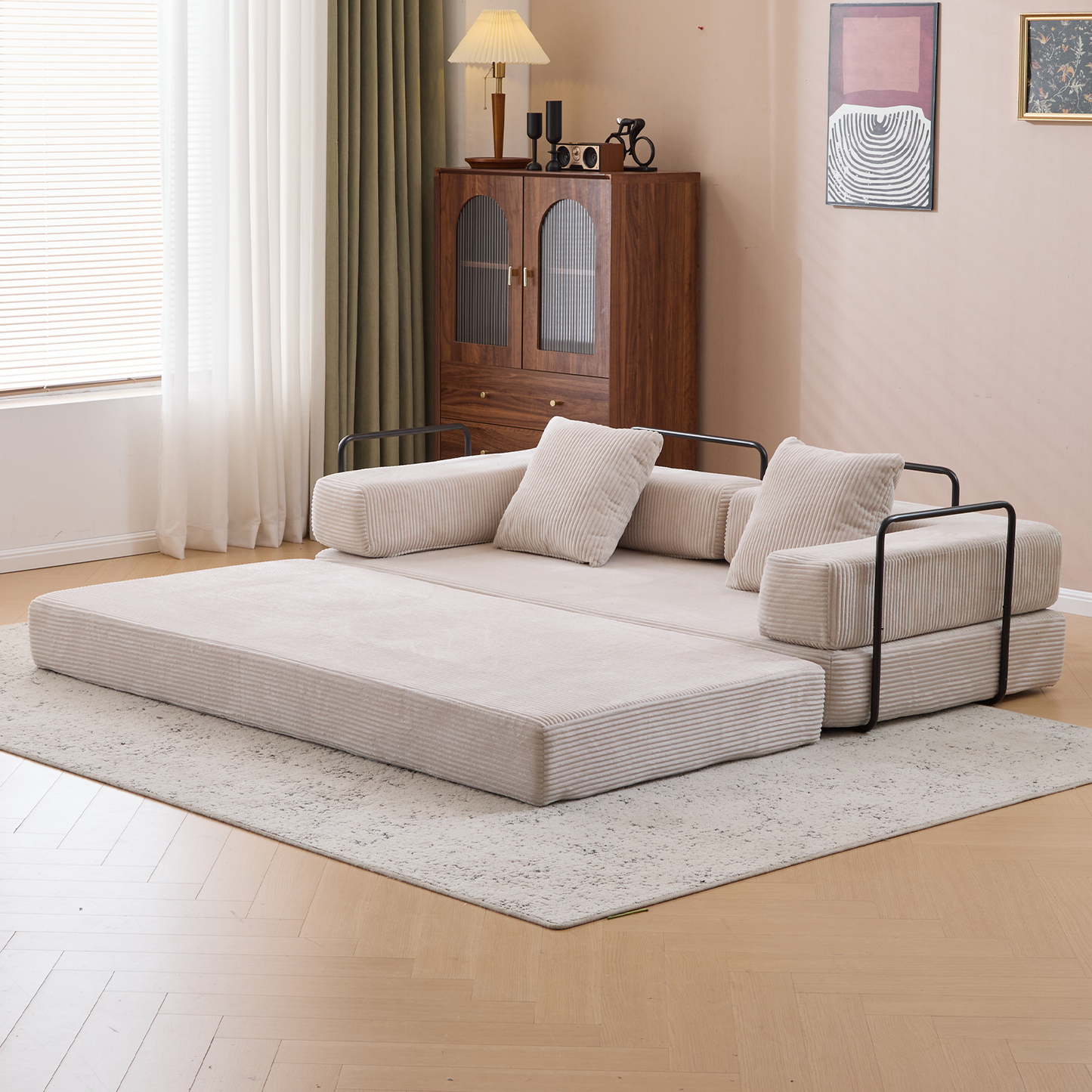 NEW Floor Compression Convertible Comfy Futon Lounge Sleeper Bed Floor Couch Sofa Bed with Pillow Back Support Armrest in Light Gray Corduroy Fabric