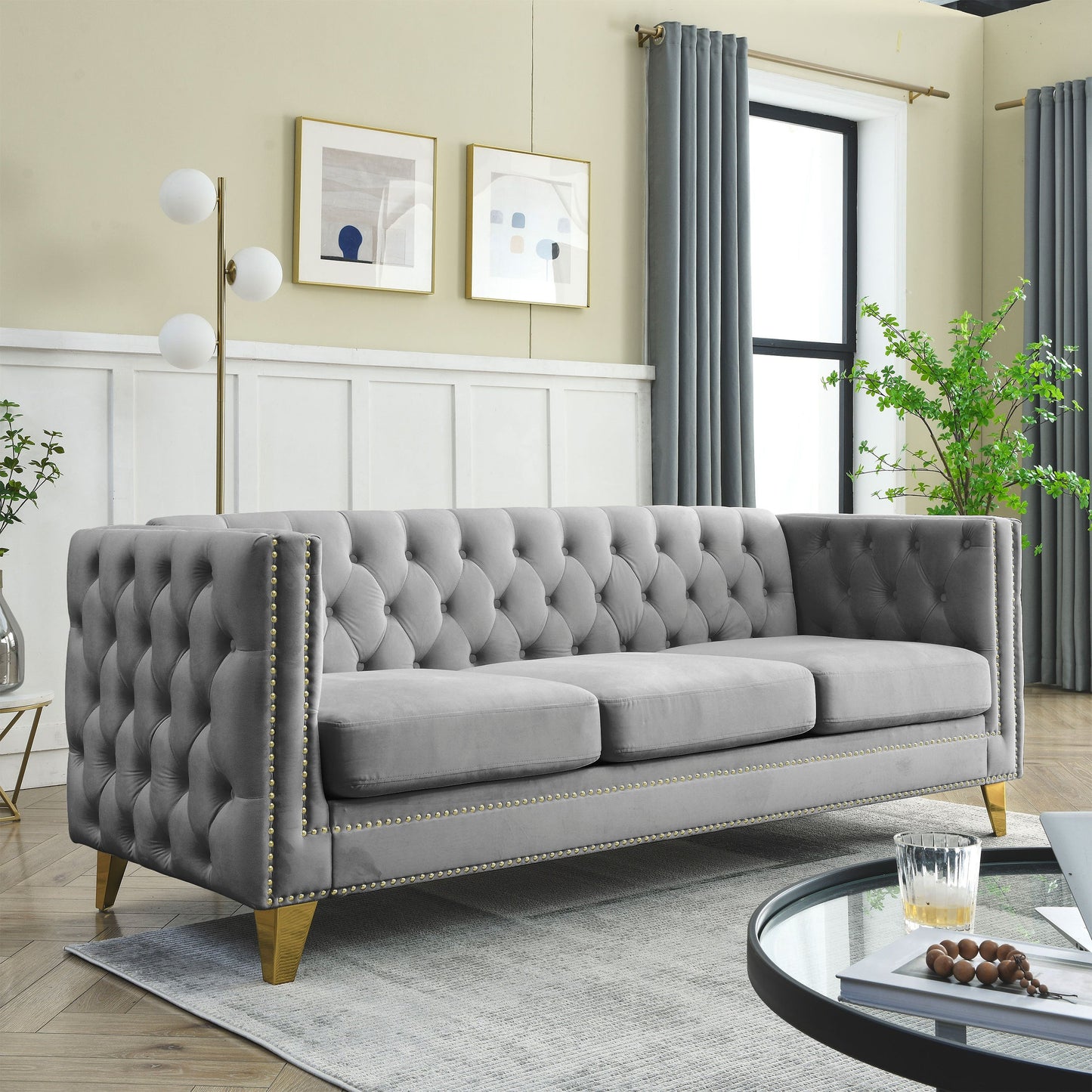 NEW Velvet Sofa for Living Room, Buttons Tufted Square Arm Couch, Modern Couch Upholstered Button and Metal Legs, Sofa Couch for Bedroom, Grey Velvet .2PCS
