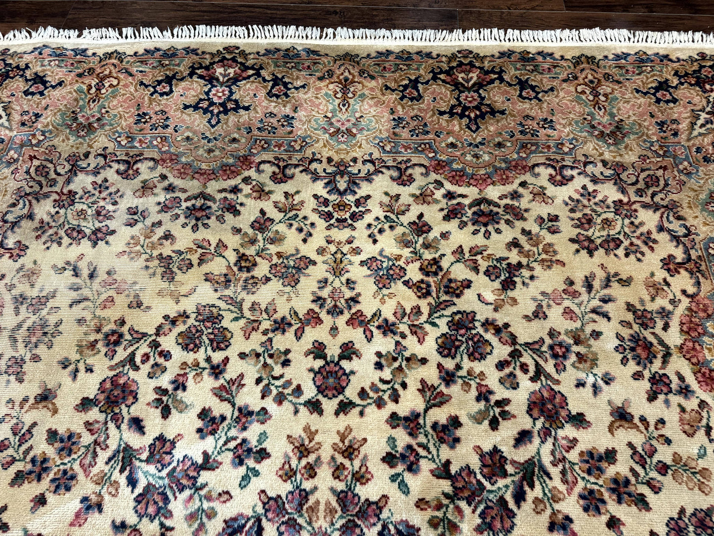 USED Antique Karastan Rug 8.8 x 12 Lanamar Floral Ivory Kirman Wool Discontinued