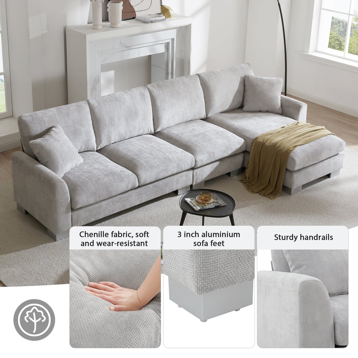 NEW Chenille Fabric Light Gray Modern Oversized L-Shaped Sectional Sofa with Chaise and Pillows