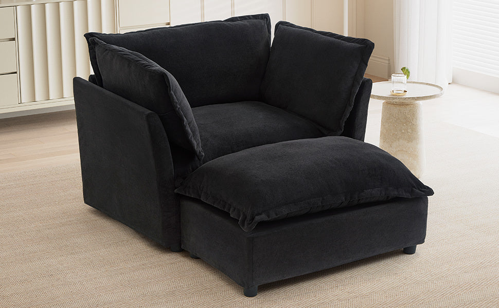 NEW Modern Armchair Sofa 47' Cozy Upholstered Sofa Chair with Movable Ottoman, Black Chenille, Wide Seat & Curved Armrests