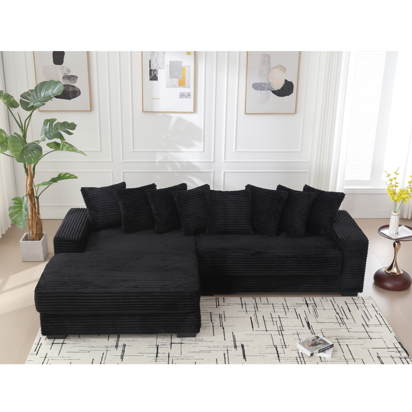 [NEW ARRIVED] [VIDEO PROVIDED] Oversized Two-Piece  Couches,  L Shaped Sofa, Corduroy, Left Chaise Daybed,with Armrests,Eight Throw Pillows,Corner Sofa,Easy To Assemble, Black