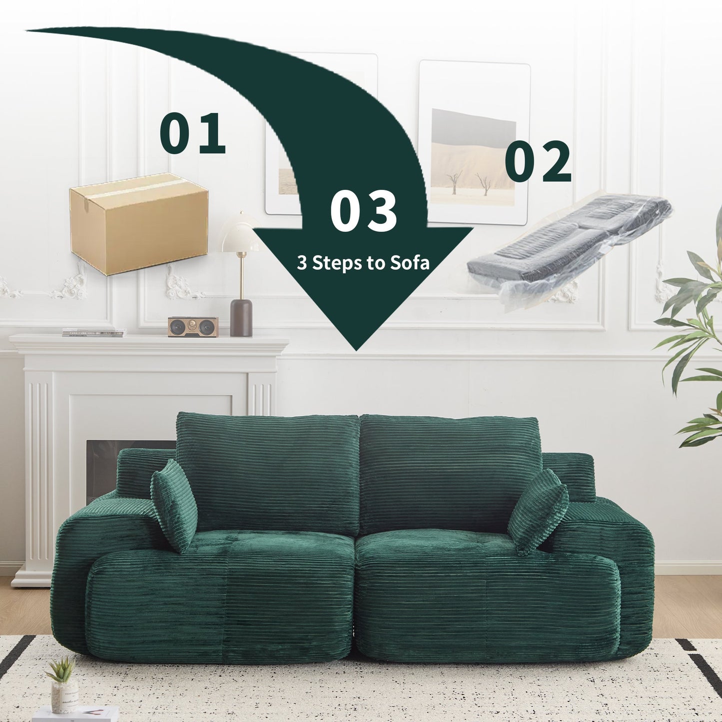 NEW Modern Memory Foam Green Corduroy Fabric Extra Deep Loveseat Compressed Sofa 2 Seater Large Modular Sectional Sofa Couch