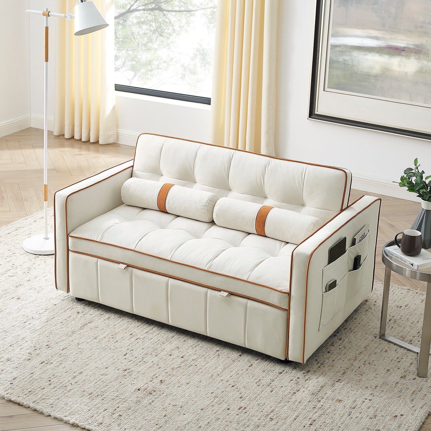 NEW Modern 55.5' Pull Out Sleep Sofa Bed 2 Seater Loveseats Couch with Side Pockets and Adjustable Backrest