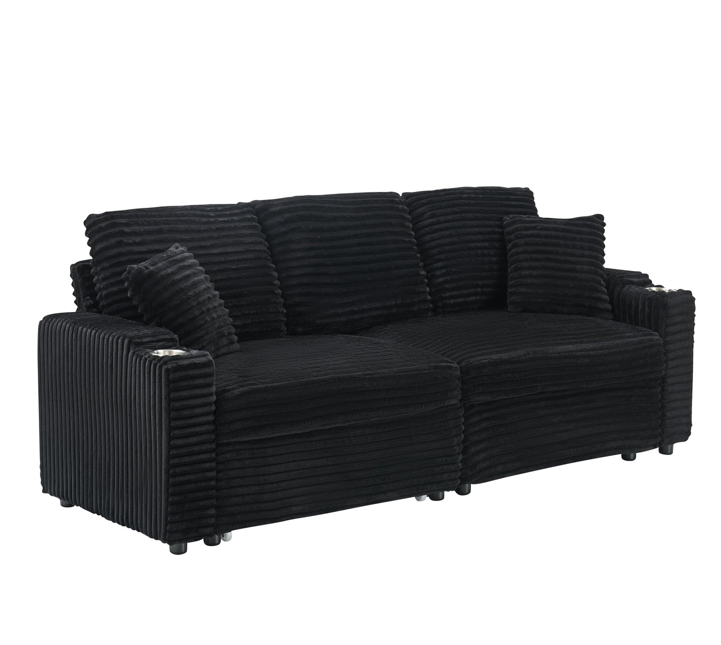 NEW 80-inch 2-in-1 Folding Black Corduroy fabric Sofa equipped with Cup Holder and Pillow