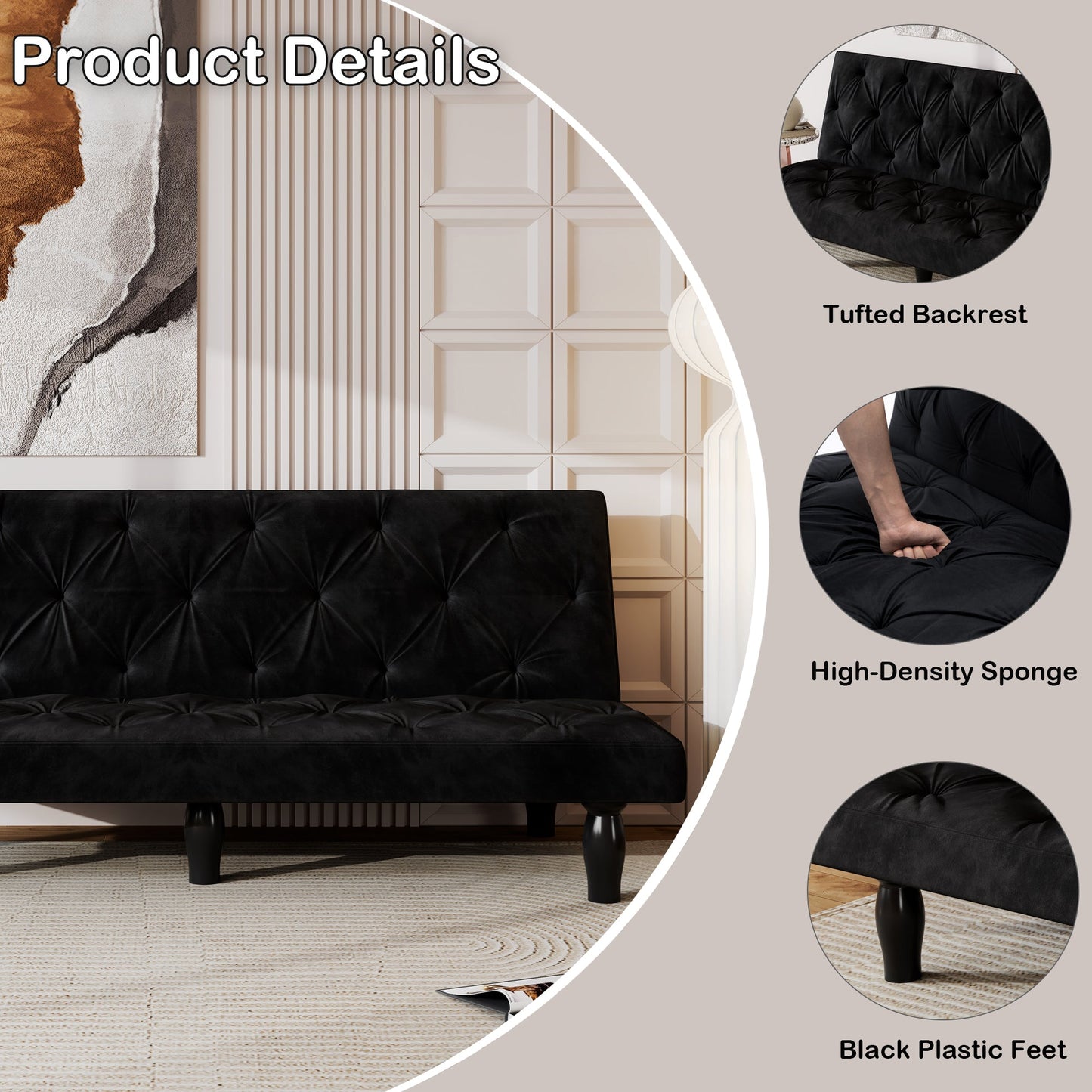 NEW Sofa-to-Bed Evolution: 66' Black Velvet Sofa Bed Transforms Seamlessly, Ideal for Family Living Rooms, Apartments, and Bedrooms