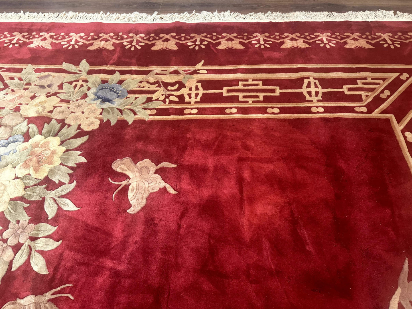 USED Palace Size Chinese Wool Rug 12x18, Red Art Deco Chinese Carving Carpet, Butterflies Flowers