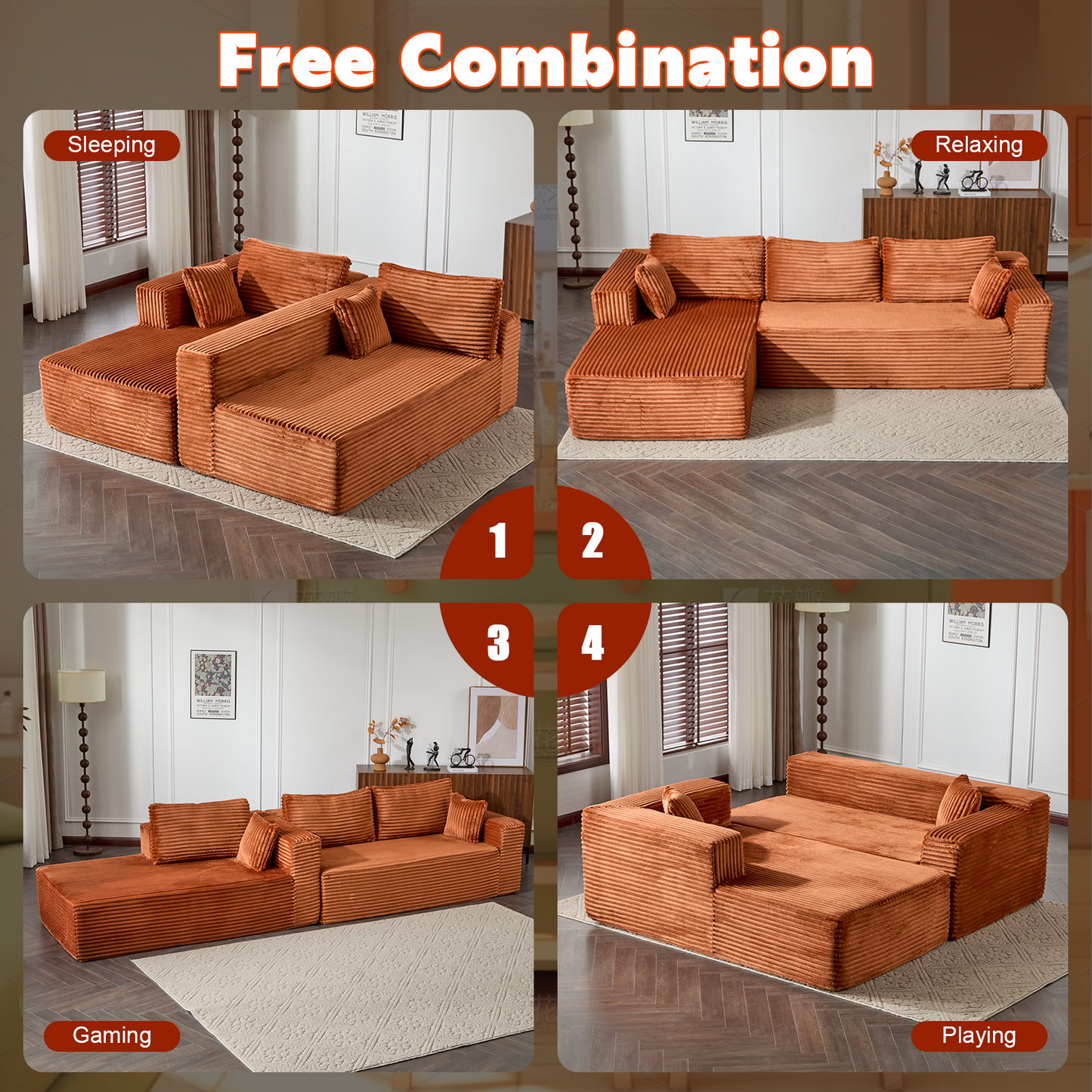 NEW Compression Sectional Couch with Comfy Chaise, Boneless L Shape Sofa with Deep Seat, Minimalist Modular Couches Sleeper for Living Room Bedroom Apartment Lounge,corduroy,Brown
