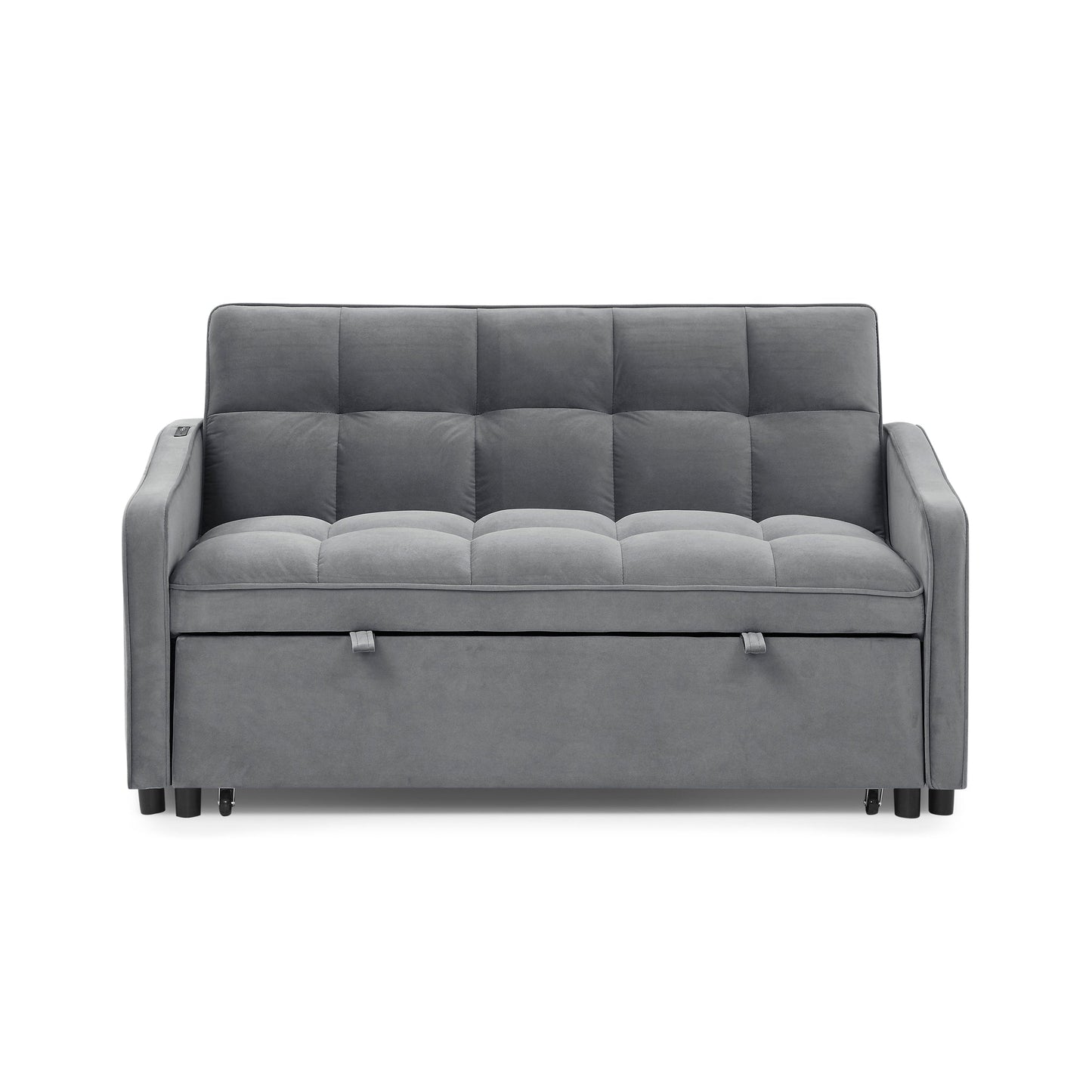 NEW Grey Copper Nail Loveseat Sofa Bed with Pull-out Bed Adjustable Back and Two Arm Pocket TypeC USB Charging