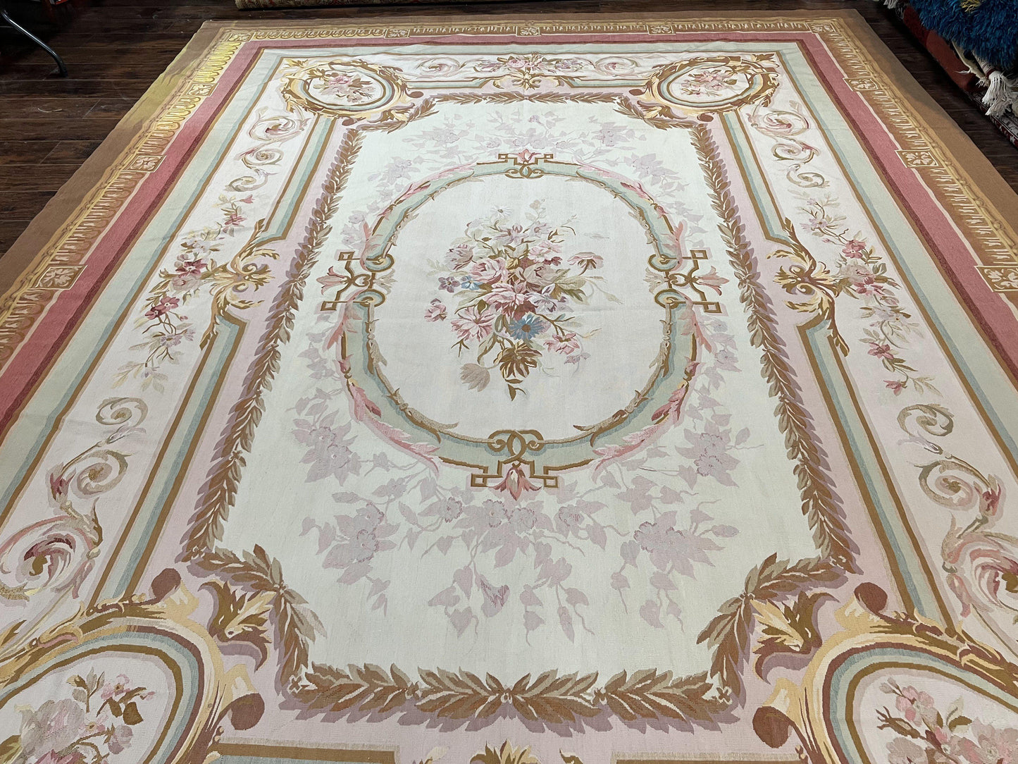 USED Large Aubusson Rug 11x15, Oversized Gallery Palace Size Flatweave Savonnerie Carpet 11 x 15 ft, Wool Handmade Vintage Elegant European