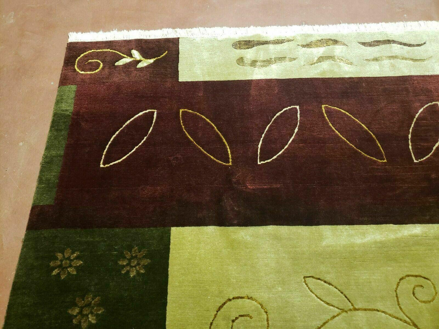 USED 6' X 9' Modern Handmade Tibetan Nepal Wool & Silk Rug Decorative Abstract Gold