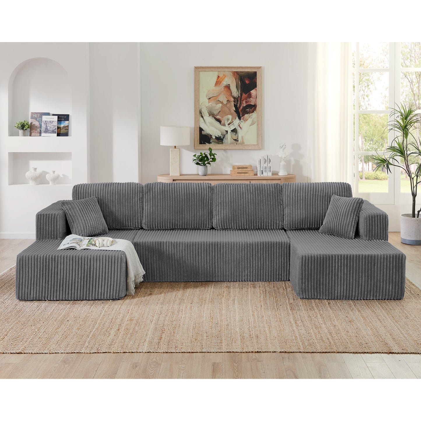 Modern Minimalist Style U Shape Modular Sectional Sofa Sleeper in Grey Corduroy
