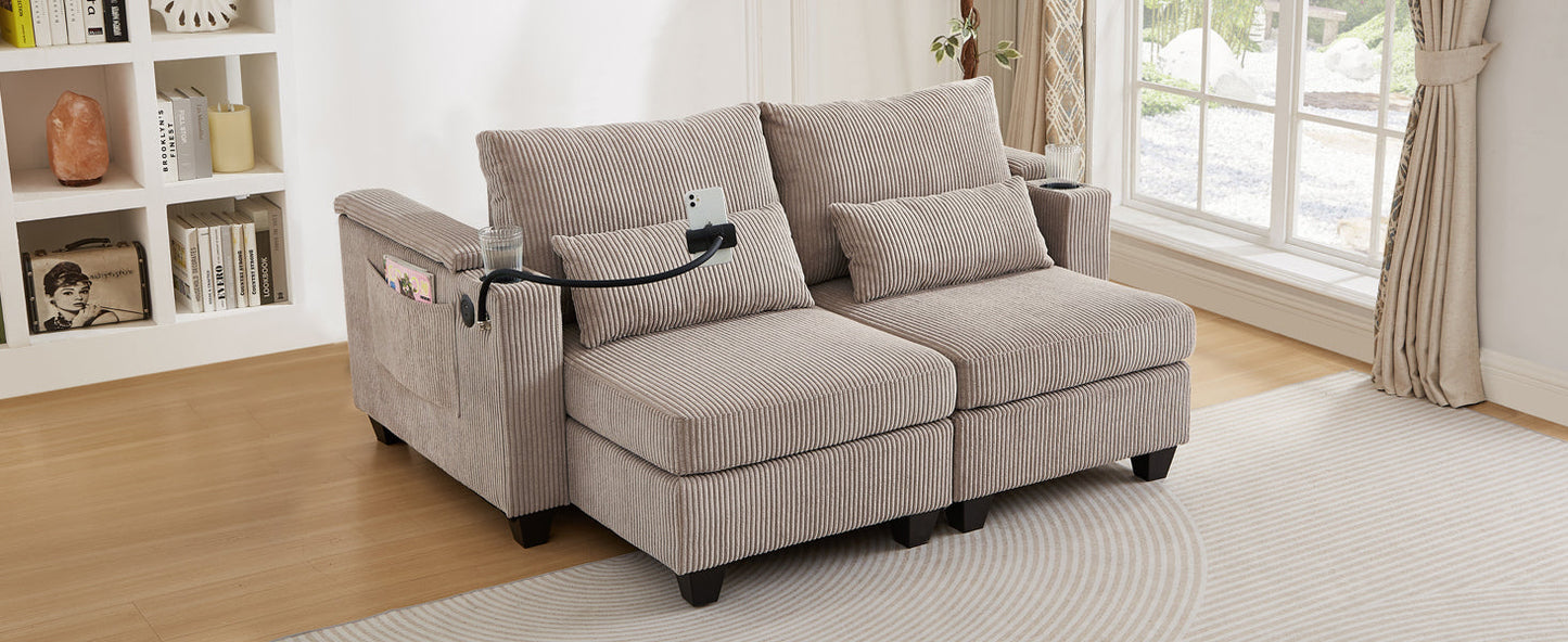 NEW Convertible Chaise Lounge 63' Loveseat Sofa Bed with USB Ports, Cup Holders, Phone Holder, Storage, Brown Corduroy
