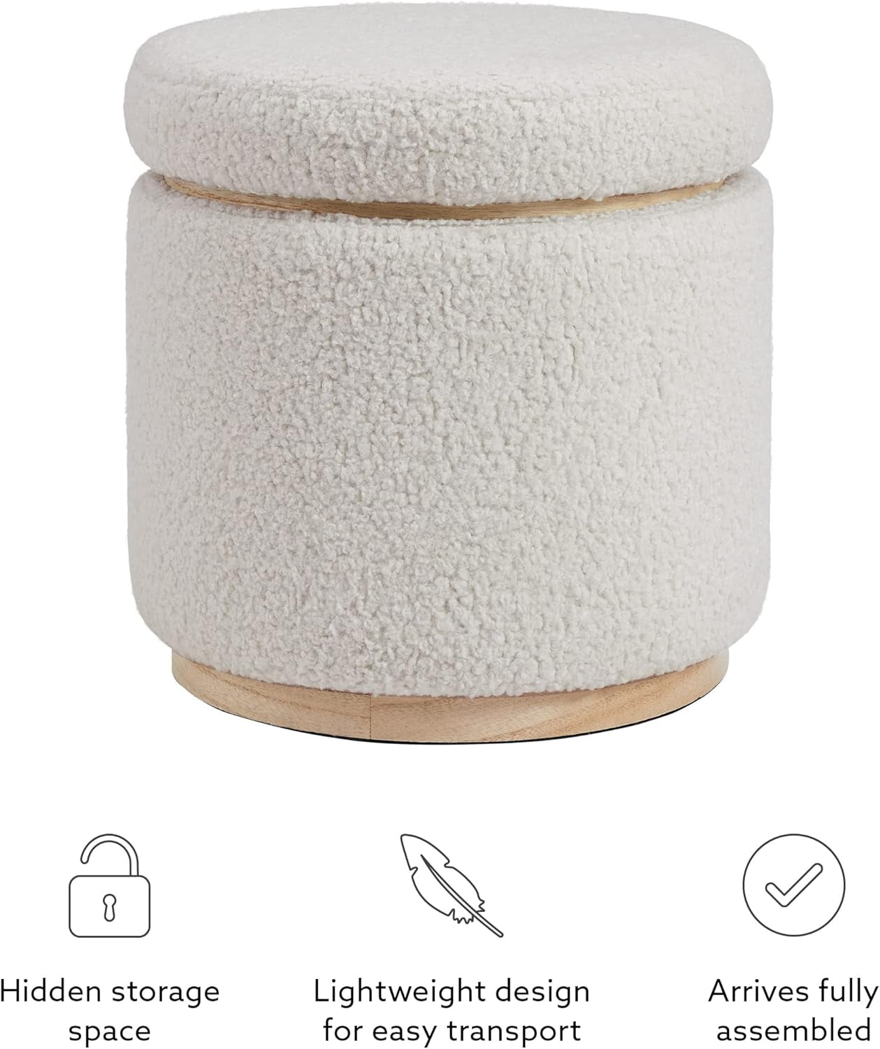 NEW Cream Sherpa Deluxe Storage Ottoman Solidwood Base