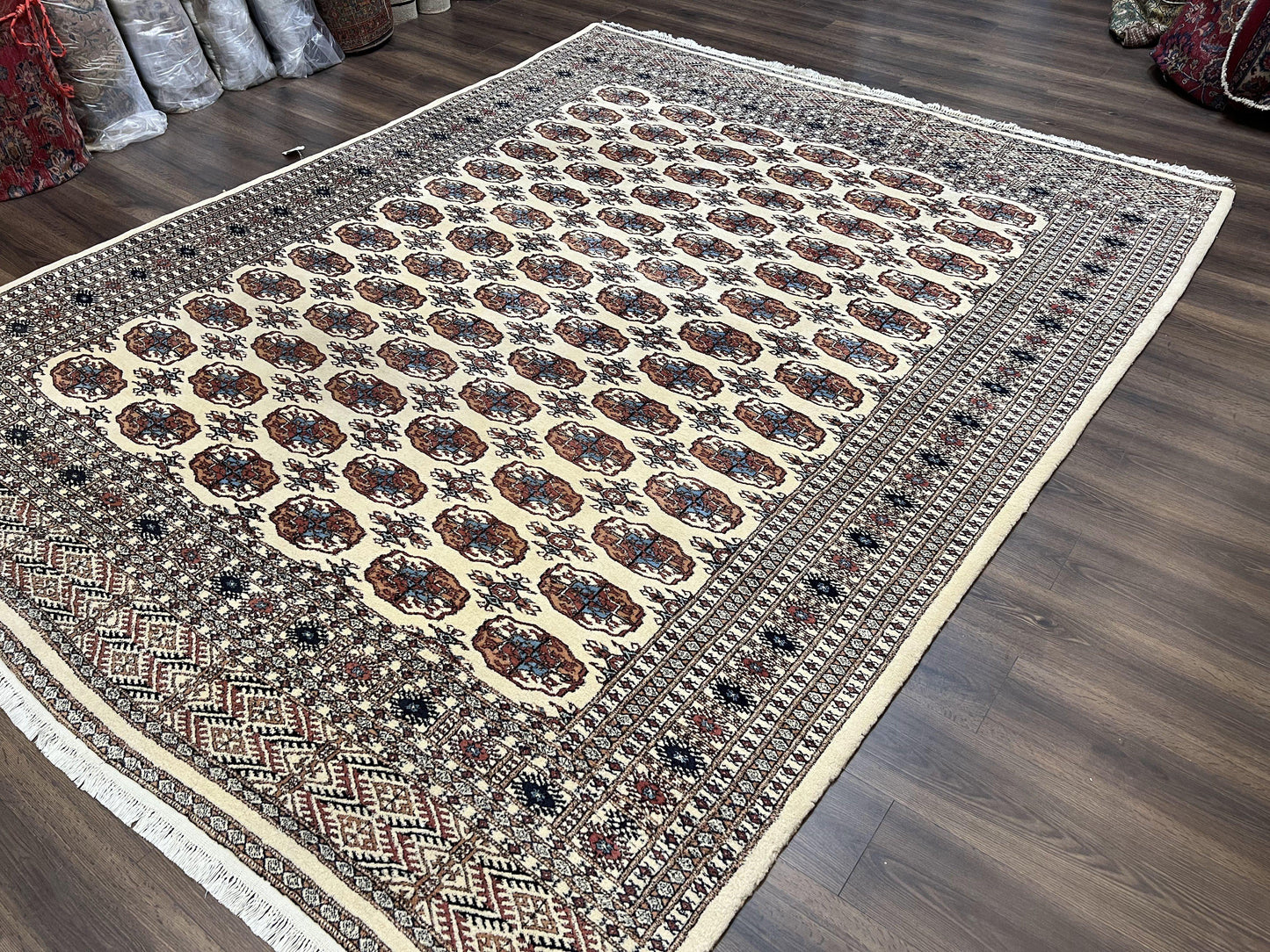 USED Pakistani Bokhara Rug 8x10, Traditional Turkoman Tribal Carpet, Allover Repeated Elephant Foot Motif, Ivory/Cream Black Red, Vintage Handmade