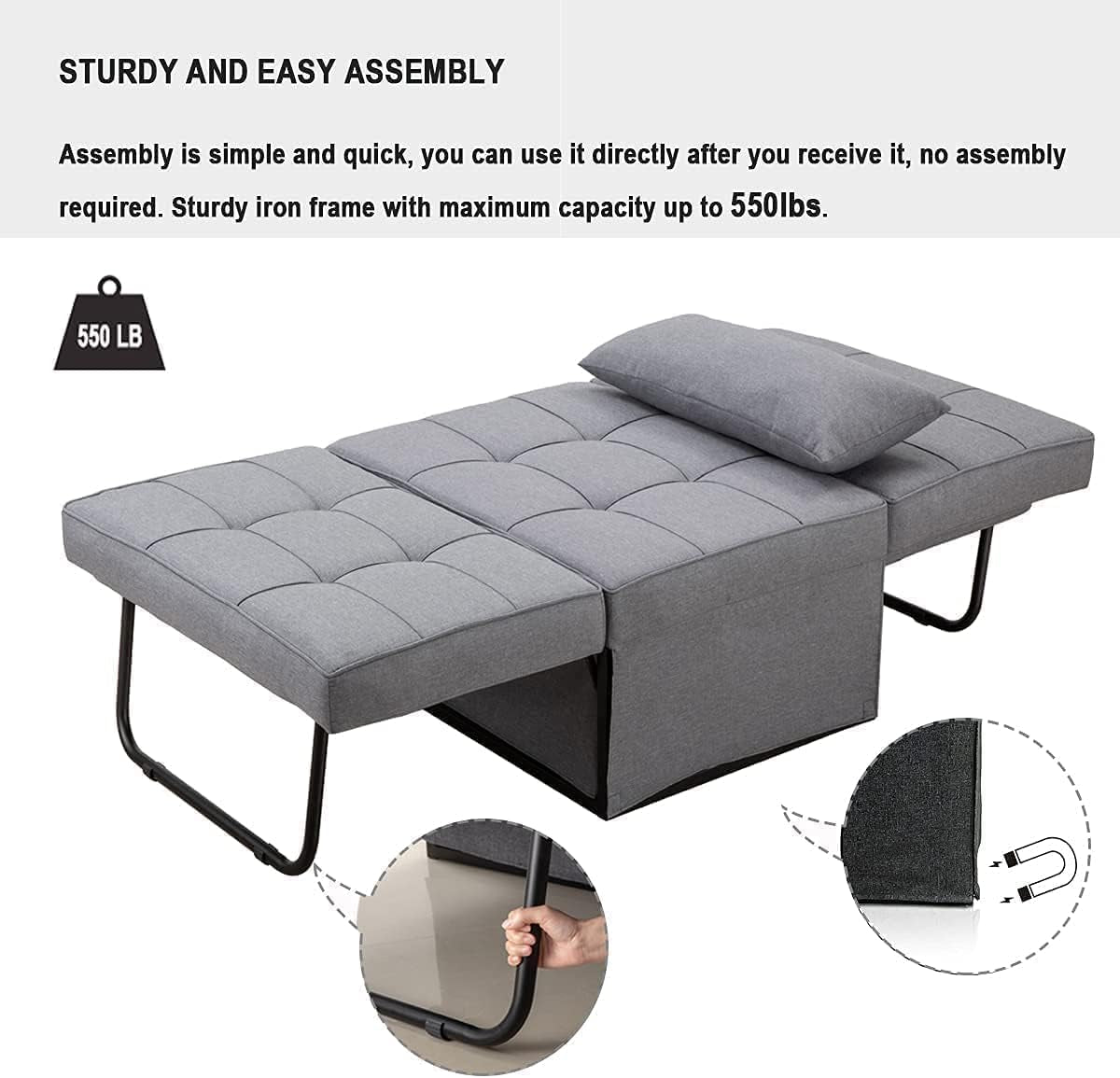 NEW Light Grey Contemporary Convertible Sofa Bed Ottoman