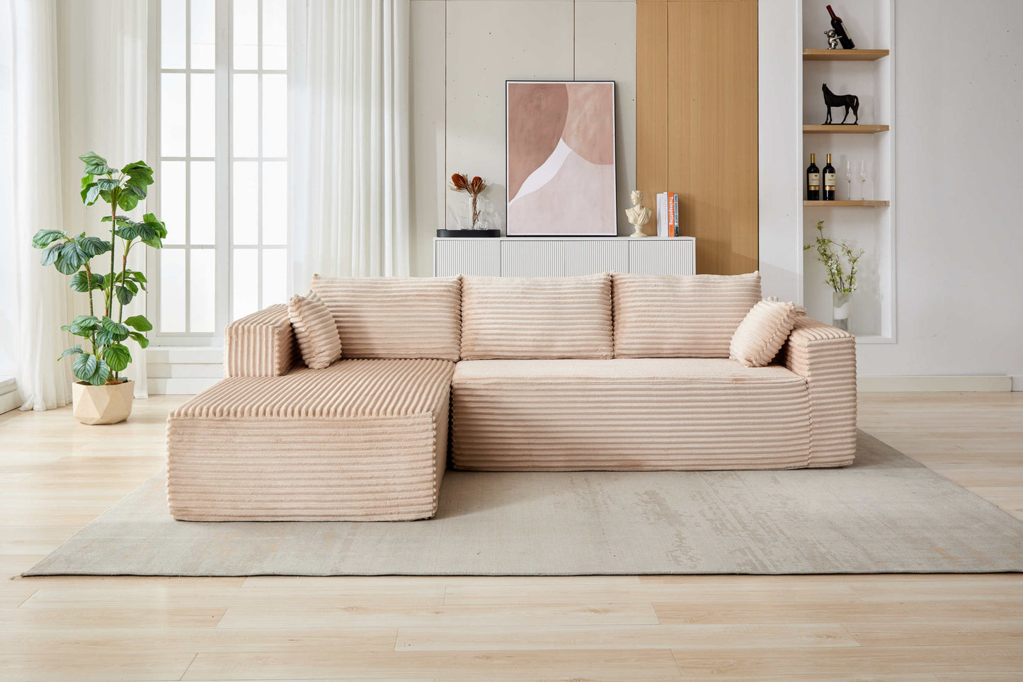 NEW Compression Sectional Couch with Comfy Chaise, Boneless L Shape Sofa with Deep Seat, Minimalist Modular Couches Sleeper for Living Room Bedroom Apartment Lounge,corduroy,Beige