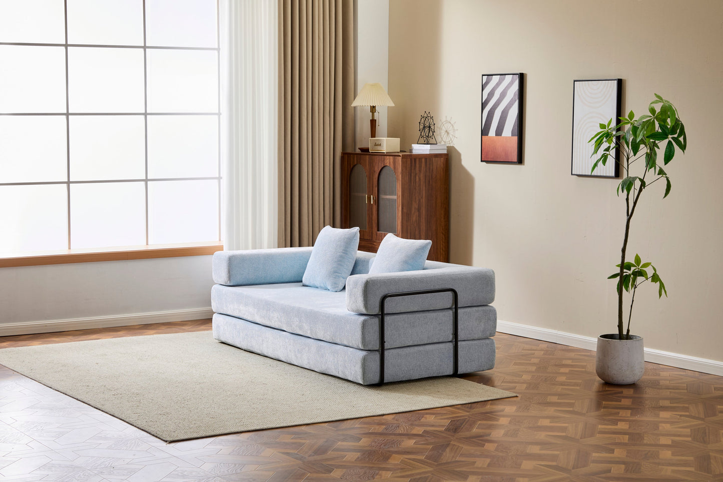 NEW Light Blue Chenille Fabric Floor Couch Compression Convertible Sofa Bed with Pillow Back Support Armrest Comfy Futon Couch Lounge Sleeper Bed