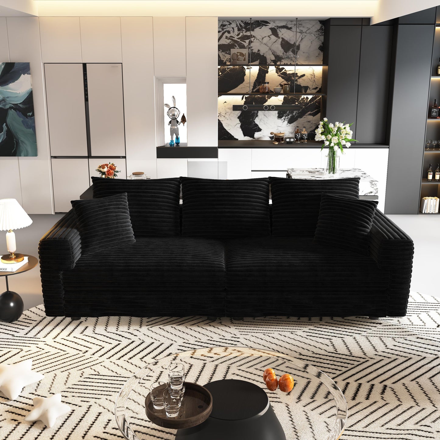 NEW 82.7' Black Plush Corduroy Deep 3-Seat Modern Comfy Upholstered Sofa Couch