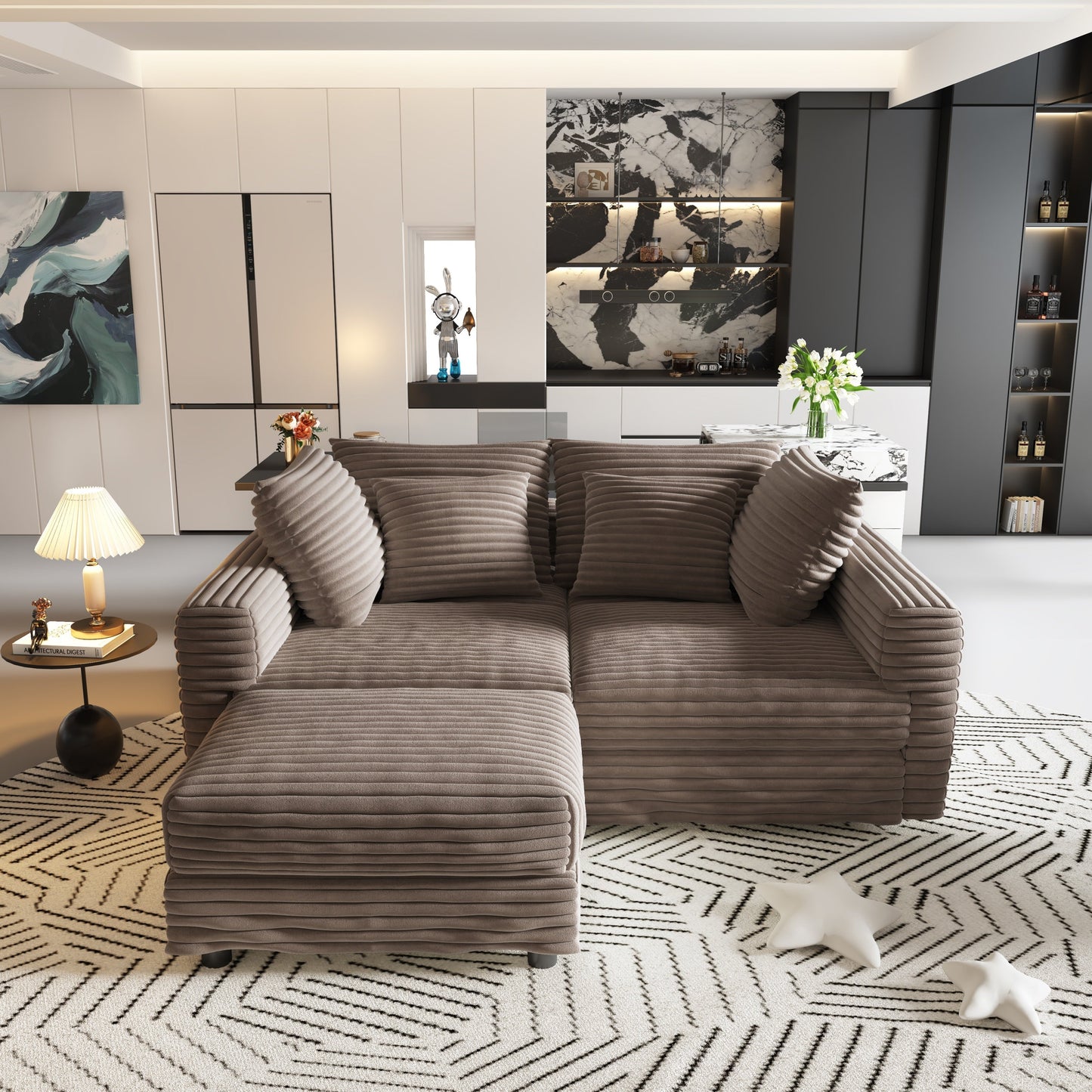 NEW 102.4' Modern Comfy Plush Upholstered Camel Corduroy 4-Seat Convertible Sofa Lounge Chair Comfy Upholstered Sofa Deep Seat Couch with Soft Pillows and Movable Ottoman