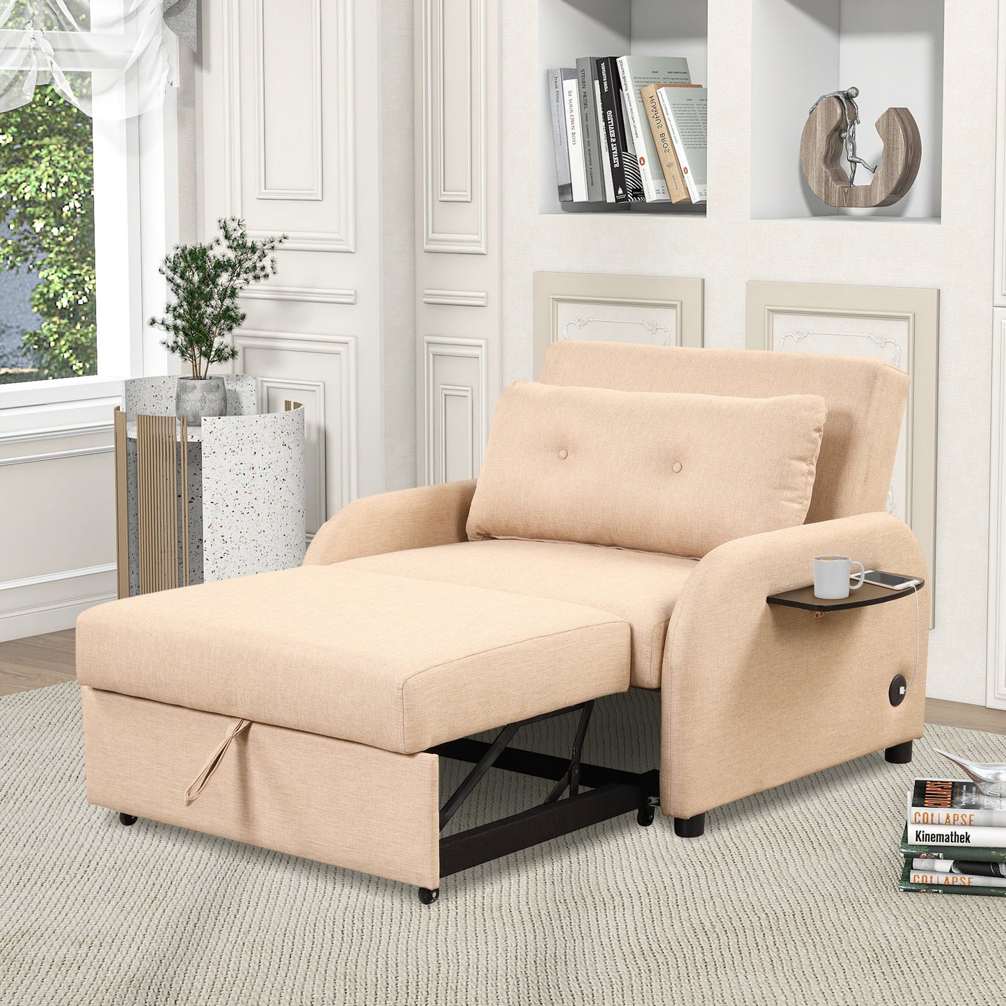NEW Versatile Pull Out Sofa Sleeper 3 in 1 with Wing Table & USB Charge, Beige Linen, Compact Design