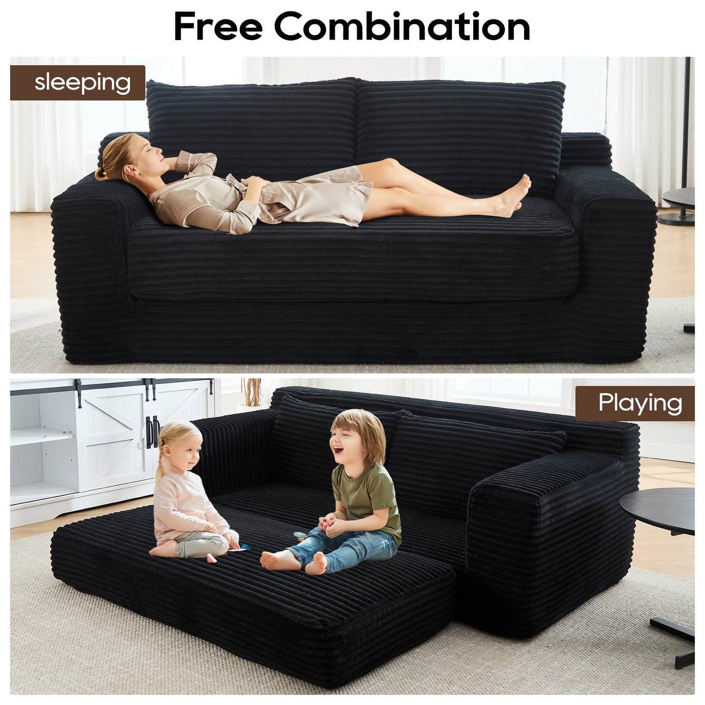 NEW Loveseat Sofa Bed with Memory Foam & Steel Frame - Convertible 2-in-1 Design, Black Corduroy, No Assembly