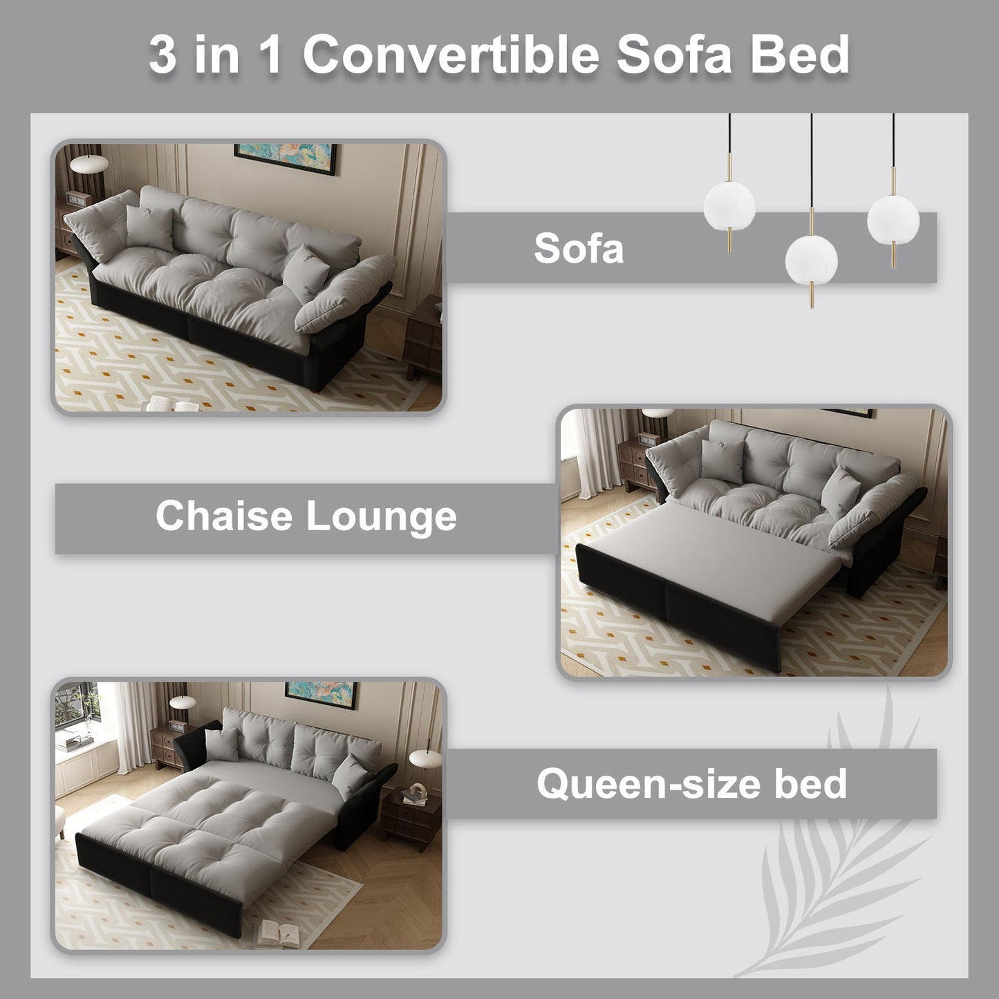 NEW Multi-Functional Loveseat 74.8' Queen Pull Out 3-in-1 Convertible Sleeper Tufted Sofa Bed with 2 Soft Pillows