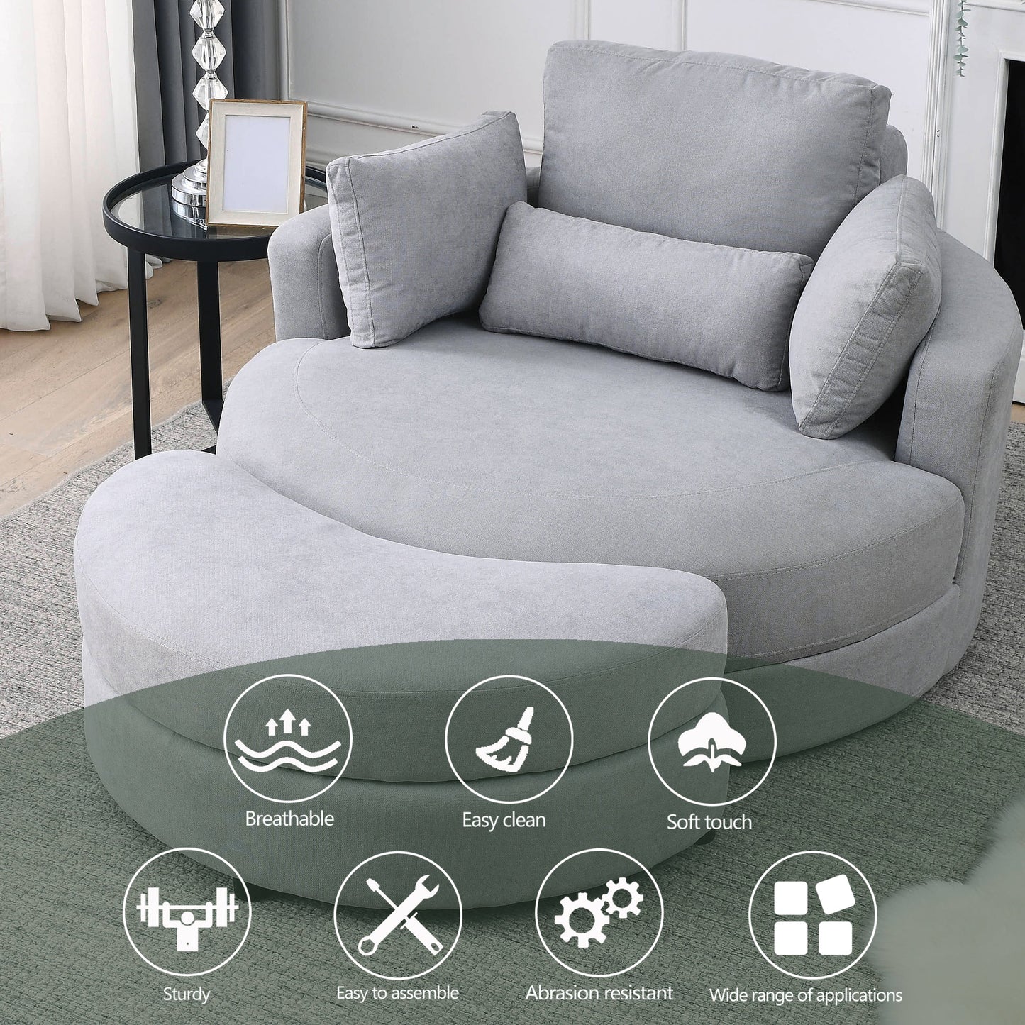 NEW We Like Swivel Accent Barrel Modern Grey Sofa Lounge Club Big Round Chair with Storage Ottoman Linen Fabric with Pillows
