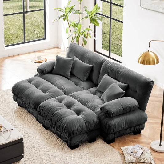 NEW Cloud Gray Chenille 2 Seater Loveseat Upholstered Wide Arm Couch Sleeper Sofa with 2 Lumbar Pillows and 2 Throw Pillows and 2 Ottomans