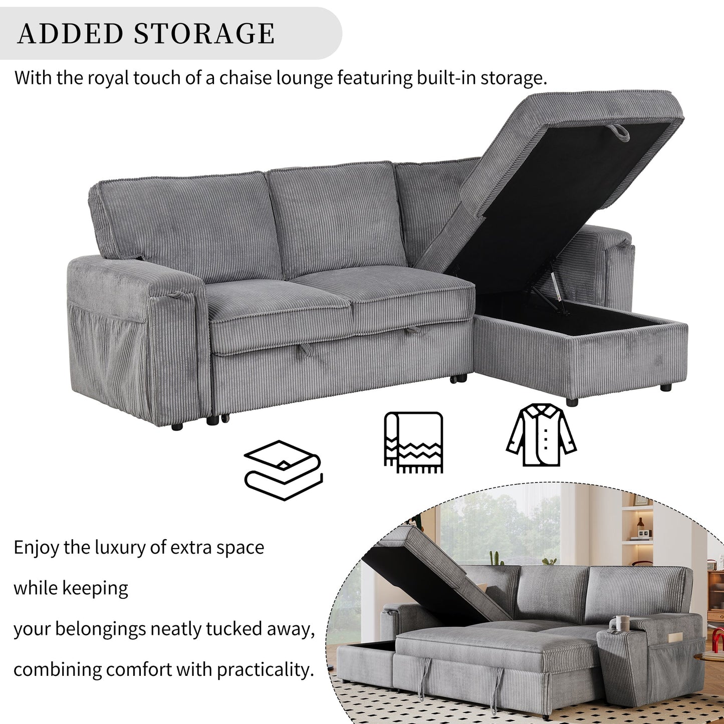 NEW U_STYLE Upholstery Sleeper Sectional Sofa with Storage Bags and 2 cup holders  on Arms