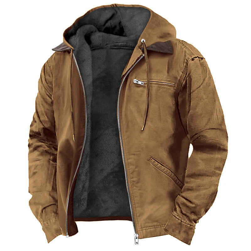 New Winter Hooded Coat With Pockets Fashion Warm Fleece Zip-up Jacket Casual Outwear Men's Clothing