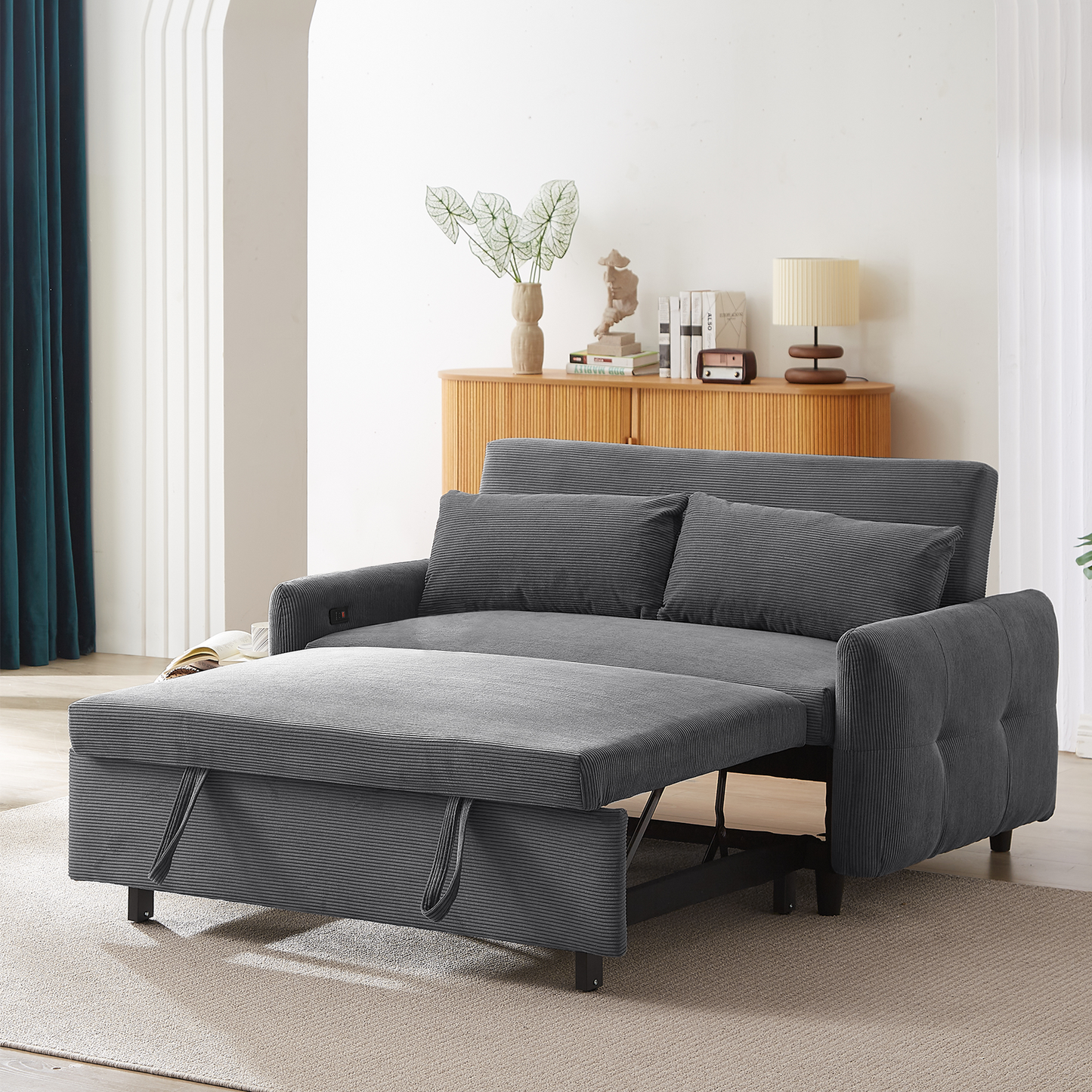 NEW 54.5’ Dark Grey Corduroy Modern Convertible Pull-out Sofa Bed