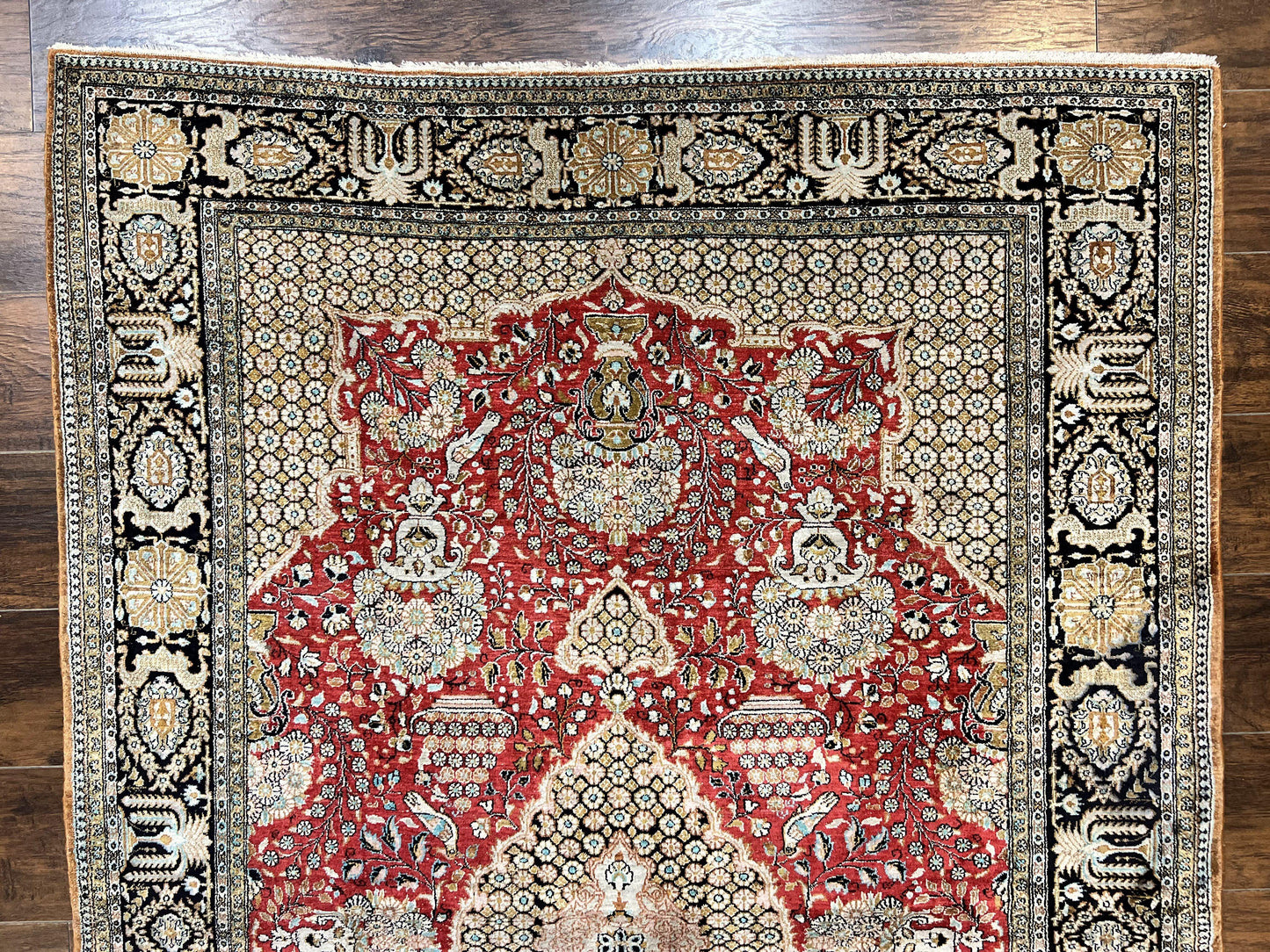 USED Wonderful Persian Silk Rug 5x7, Birds Floral Vases, Red, Hand Knotted Silk Fine Oriental Carpet, Handmade Vintage, Persian Qum Rug, 400 KPSI