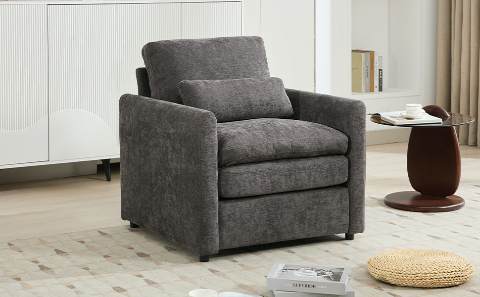 NEW Cozy Upholstered Armchair with Double Cushion in Grey Chenille, 31.9 Inches