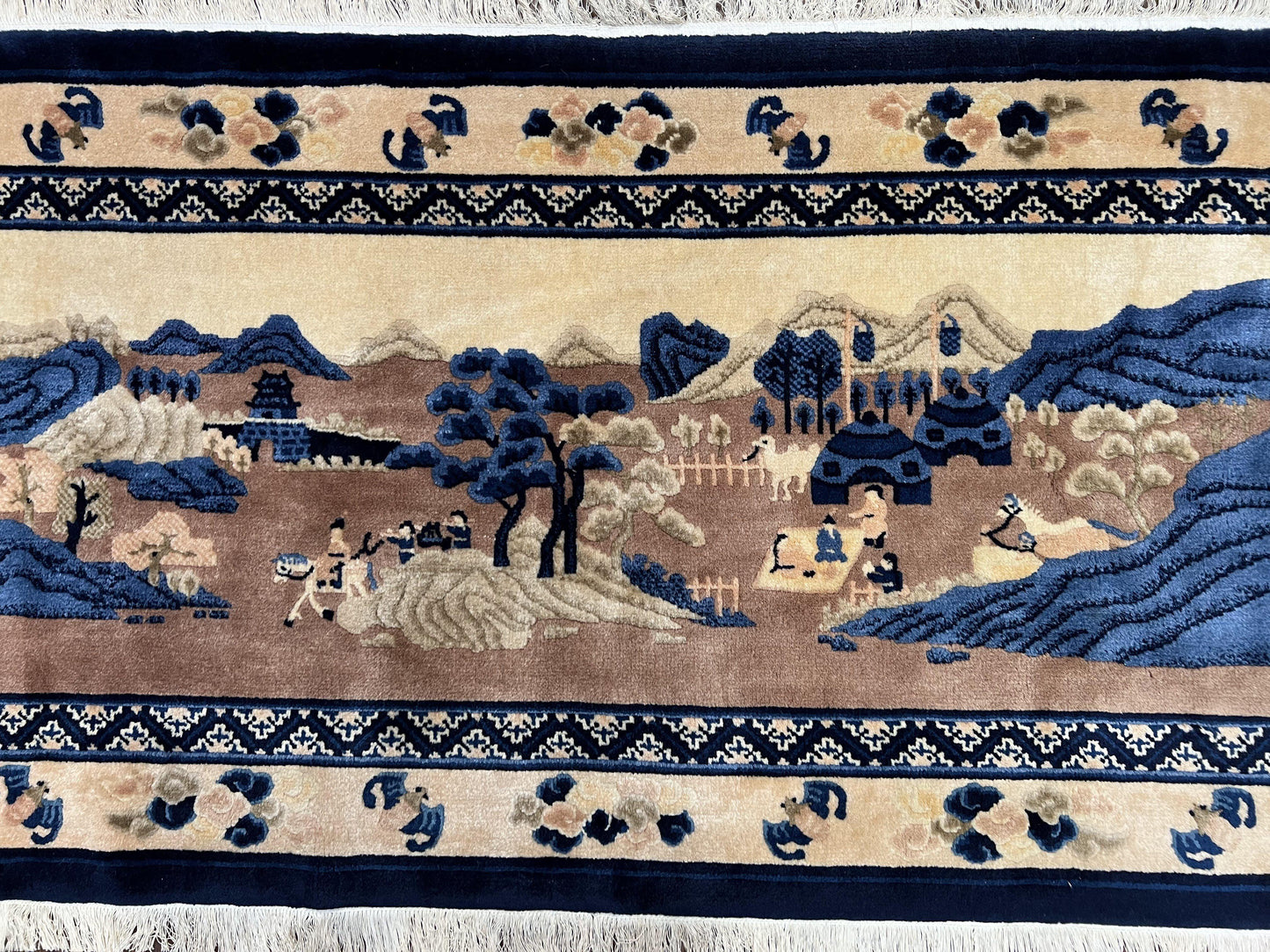USED Antique Chinese Pictorial Rug 2.7 x 5, Chinese Village and Hills Carpet, Beige and Dark Blue, Handmade, Horizontal Rug Wall Hanging Tapestry