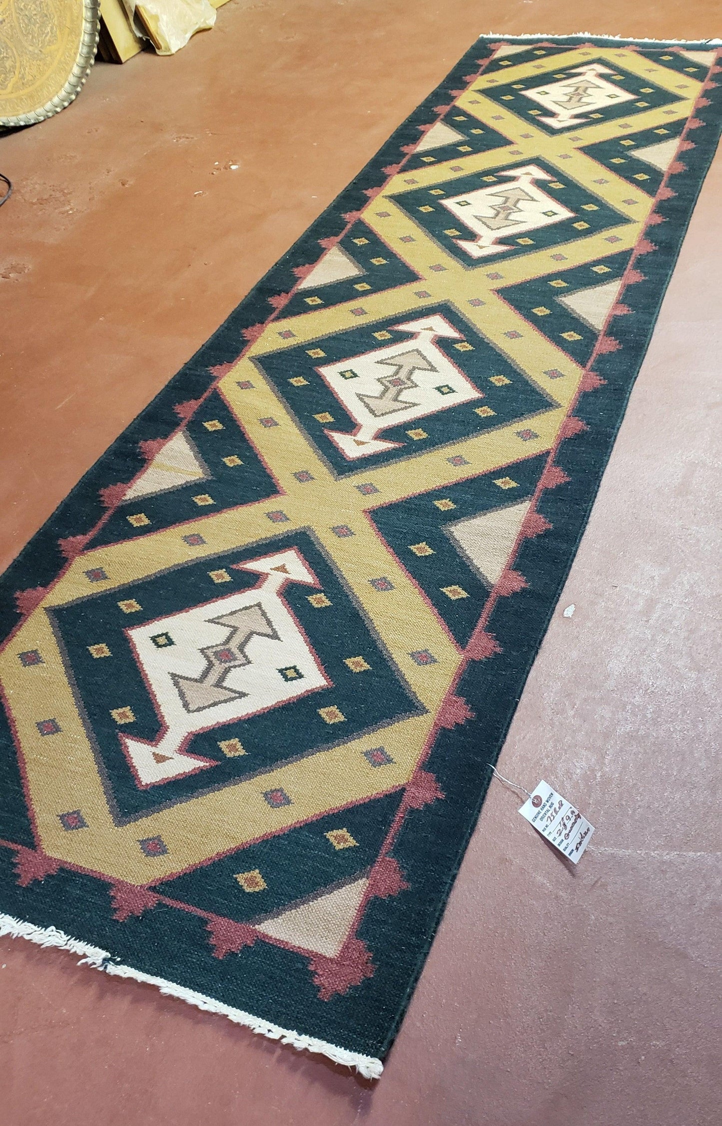 USED Vintage Indian Kilim Runner Rug, Geometric Flatweave Hand-Knotted Wool Kitchen Hallway Runner, Black Gold & Beige, 2' 8" x 9' 9"