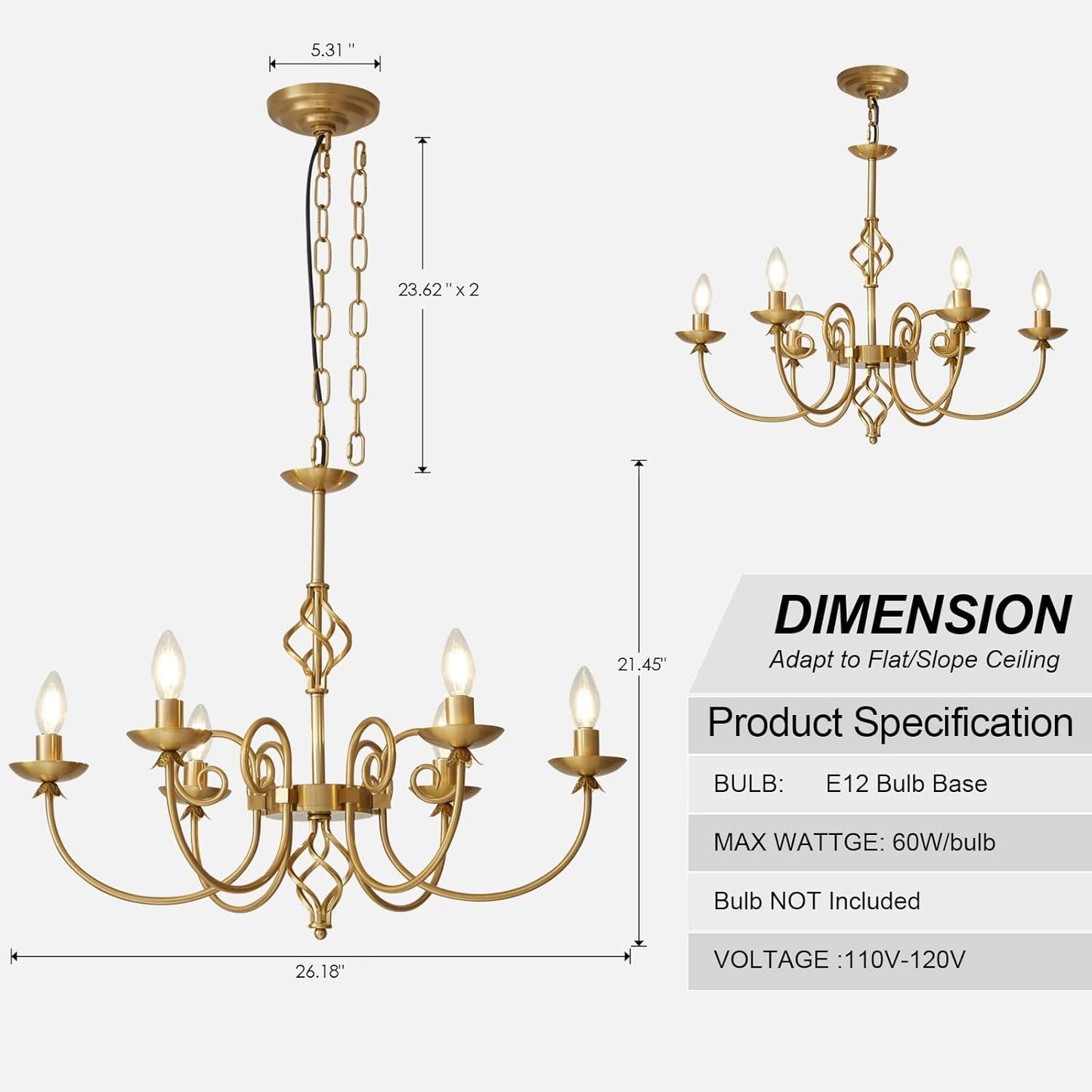 NEW Gold Six Light Chandelier Pendant 26 Inch Dining Light