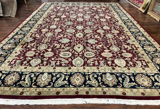 USED Indo Persian Rug 10x14, Floral Allover, Maroon, Handmade Hand Knotted VIntage Wool Rug, Large Oriental Carpet