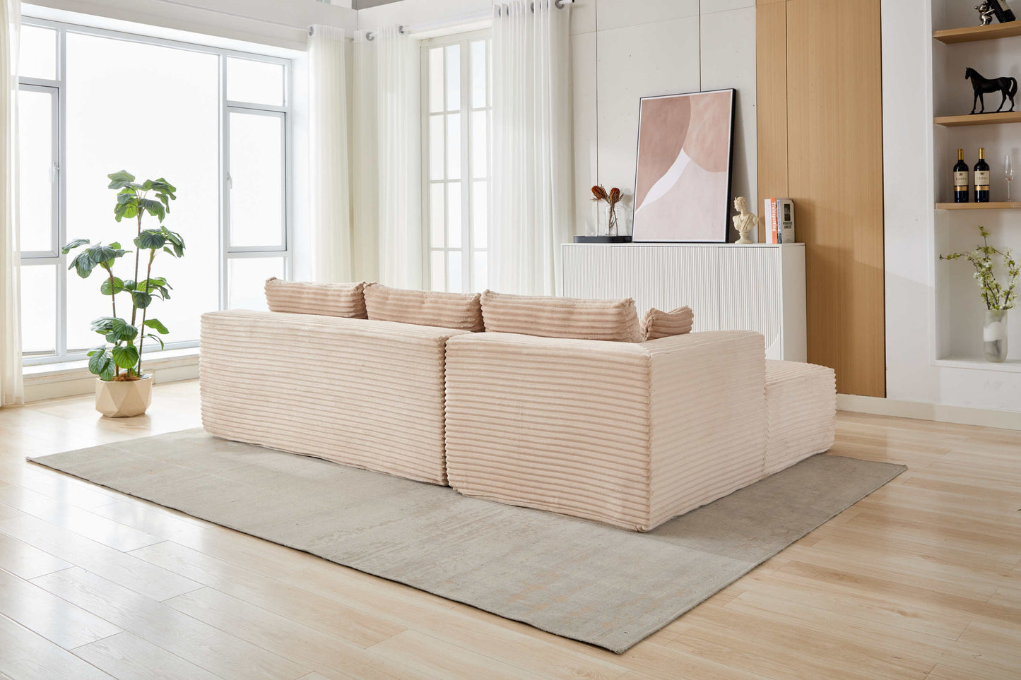 NEW Compression Sectional Couch with Comfy Chaise, Boneless L Shape Sofa with Deep Seat, Minimalist Modular Couches Sleeper for Living Room Bedroom Apartment Lounge,corduroy,Beige