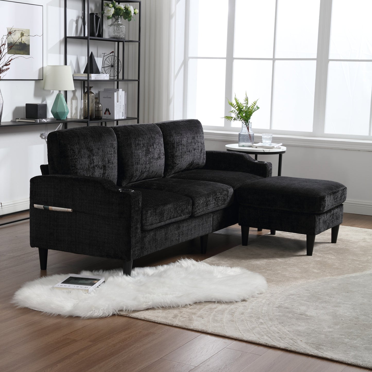 UNITED  WE WIN Sofa for three, solid wood frame, Chenille fabric, side pocket, with two cup holders, footstool with storagestorage sofa /Living room sofa cozy sectional  sofa