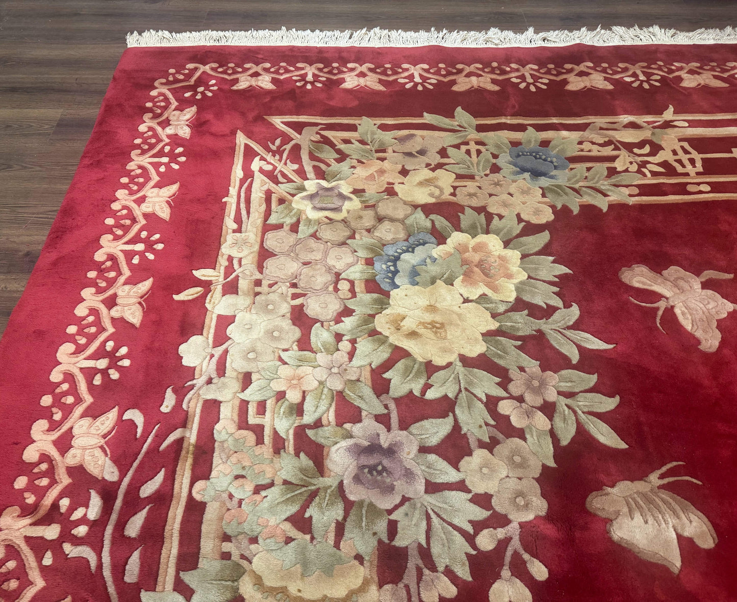 USED Palace Size Chinese Wool Rug 12x18, Red Art Deco Chinese Carving Carpet, Butterflies Flowers
