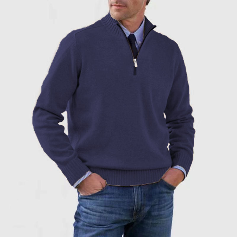 New Men's Stand Collar Zipper Sweater Winter Fashion Solid Color Long Sleeve Knitted Top Clothing